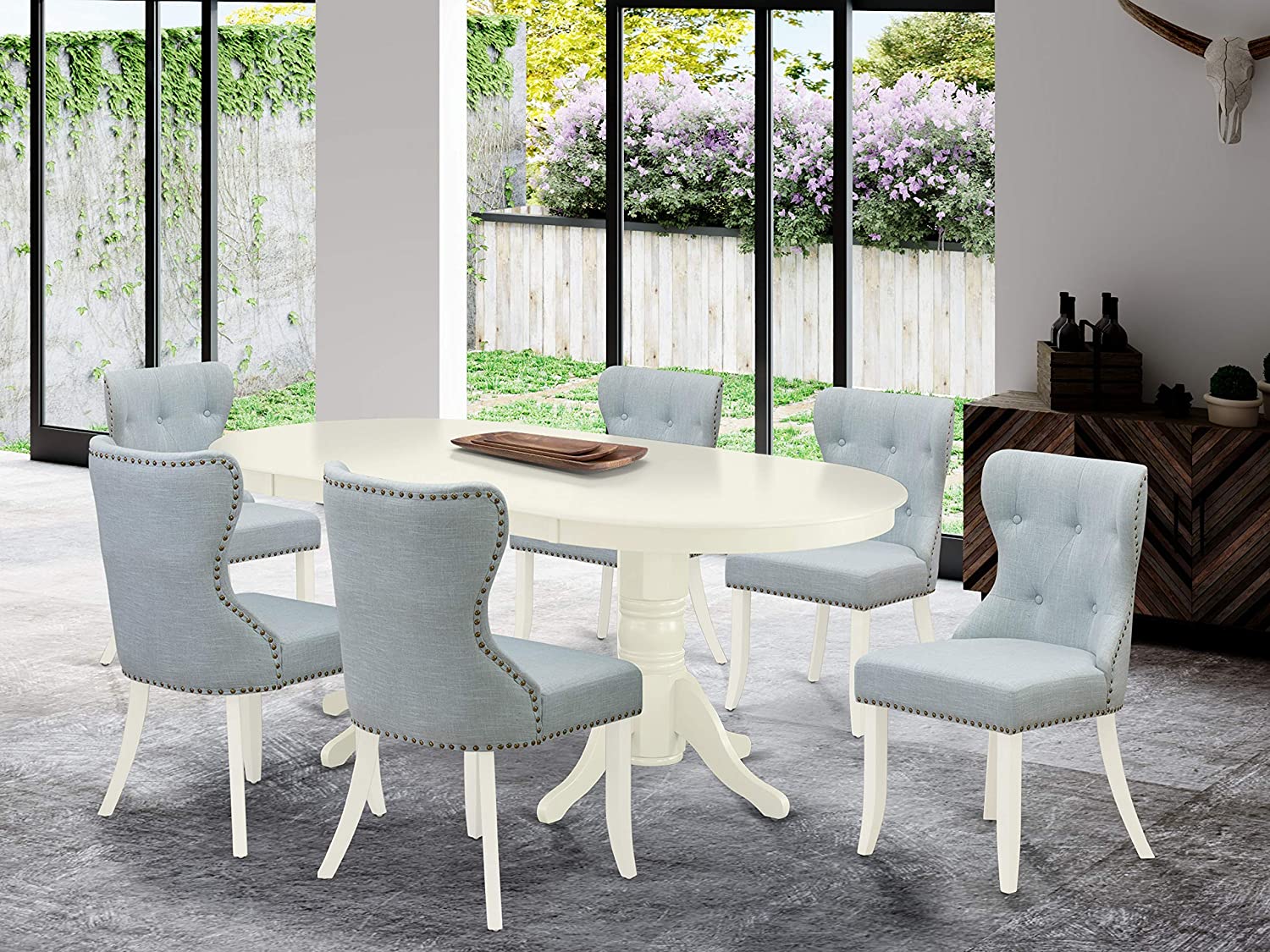 7 PC Vancouver Oval Table & 6 Parson Chairs In Linen White And baby Blue Color