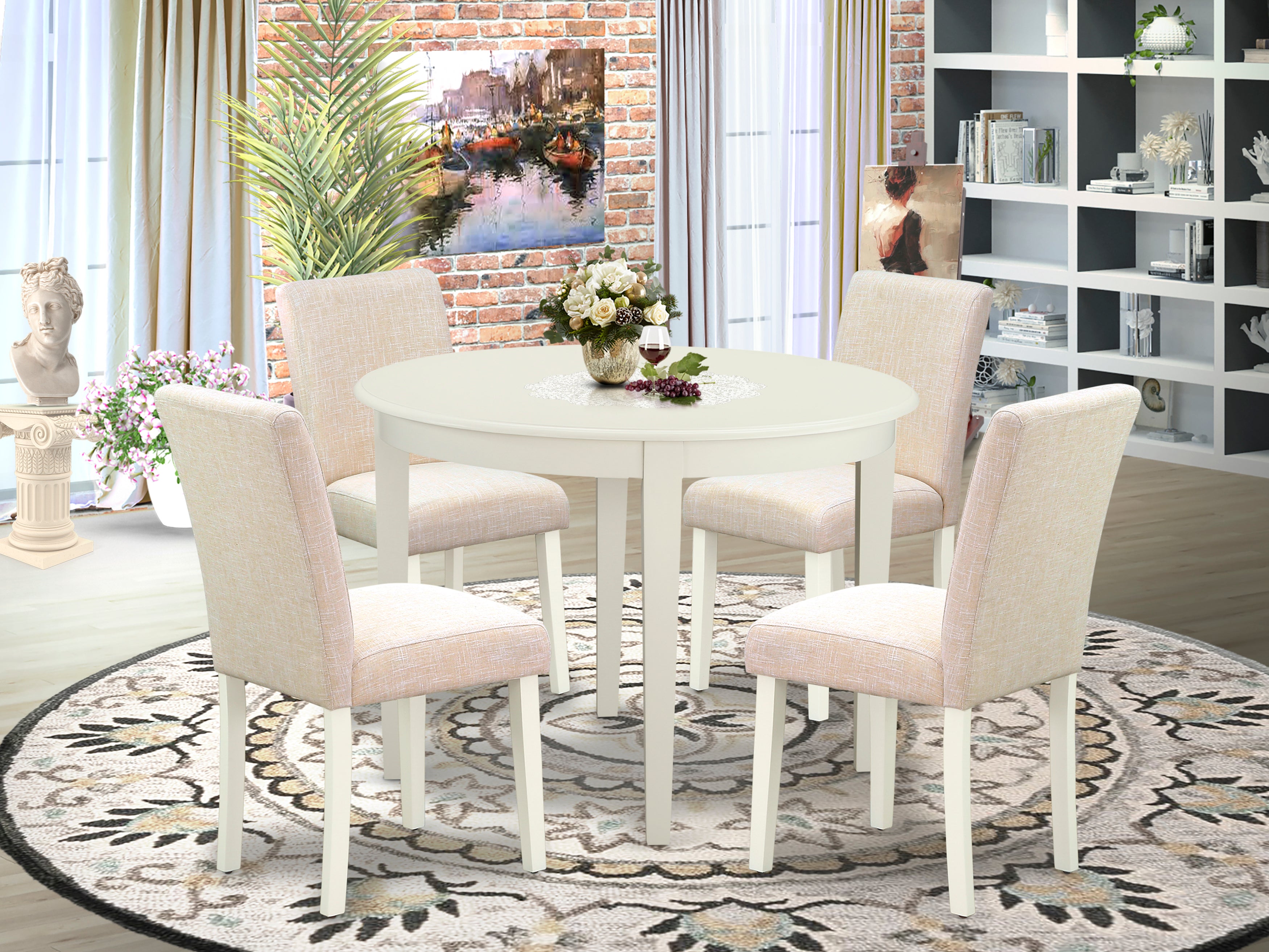 BOAB5-LWH-02 5Pc Round 42" Kitchen Table And Four Parson Chair With Linen White Leg And Linen Fabric Light Beige