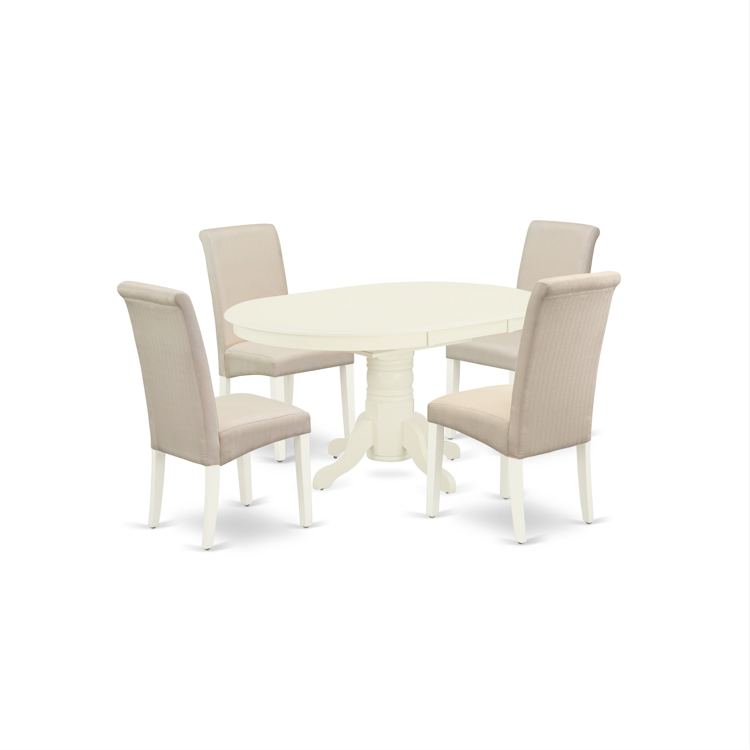 AVBA5-LWH-01 5Pc Dining Set Includes an Oval Dinette Table with Butterfly Leaf and Four Parson Chairs with Cream Fabric, Linen White Finish