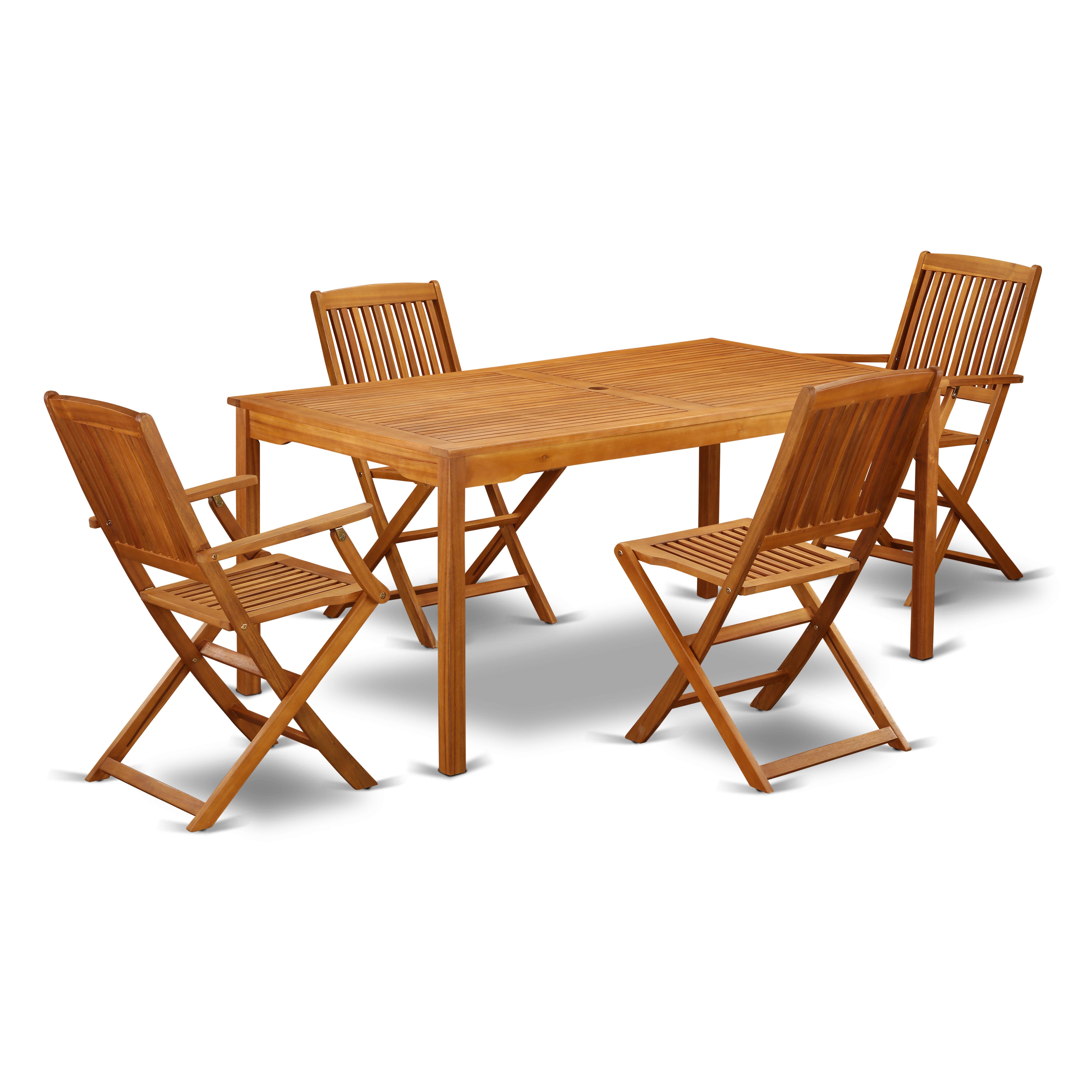 CMCM52CANA This 5 Piece Acacia Hardwood Outside patio Dining Sets includes one Outdoor-Furniture table and 2 side foldable Outdoor-Furniture chairs and Two arm foldable chairs