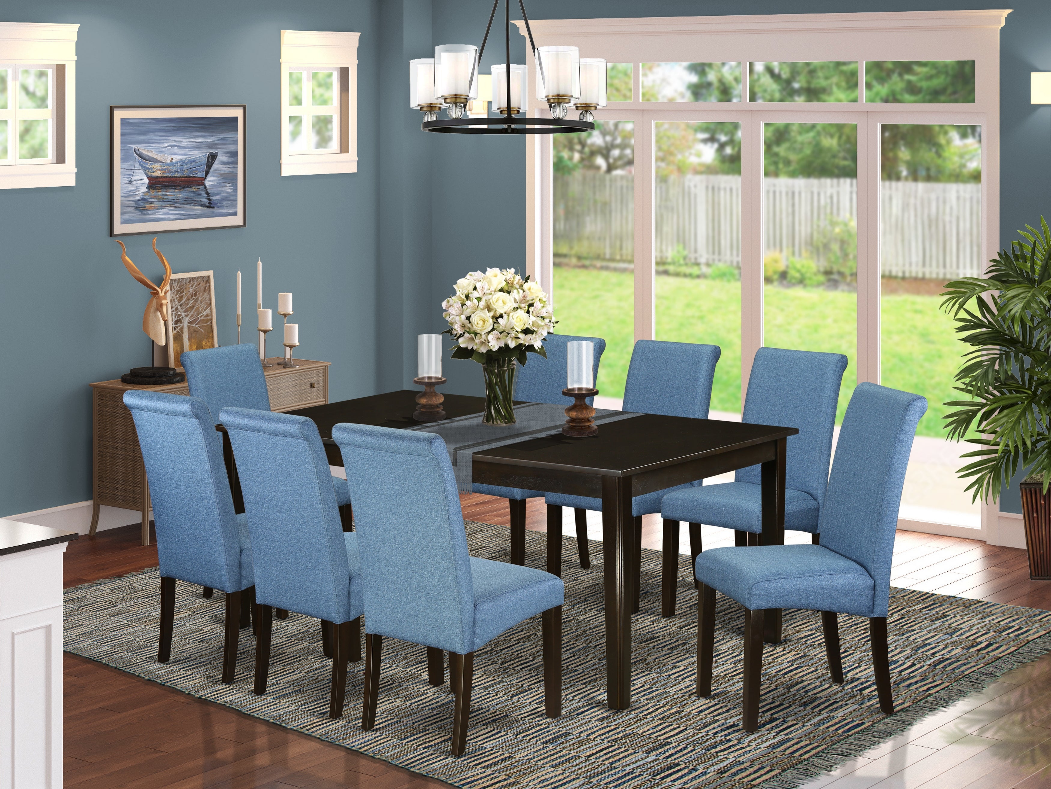 HEBA9-CAP-21 9Pc Dining Room table with linen Blue fabric Parson chairs with cappuccino chair legs