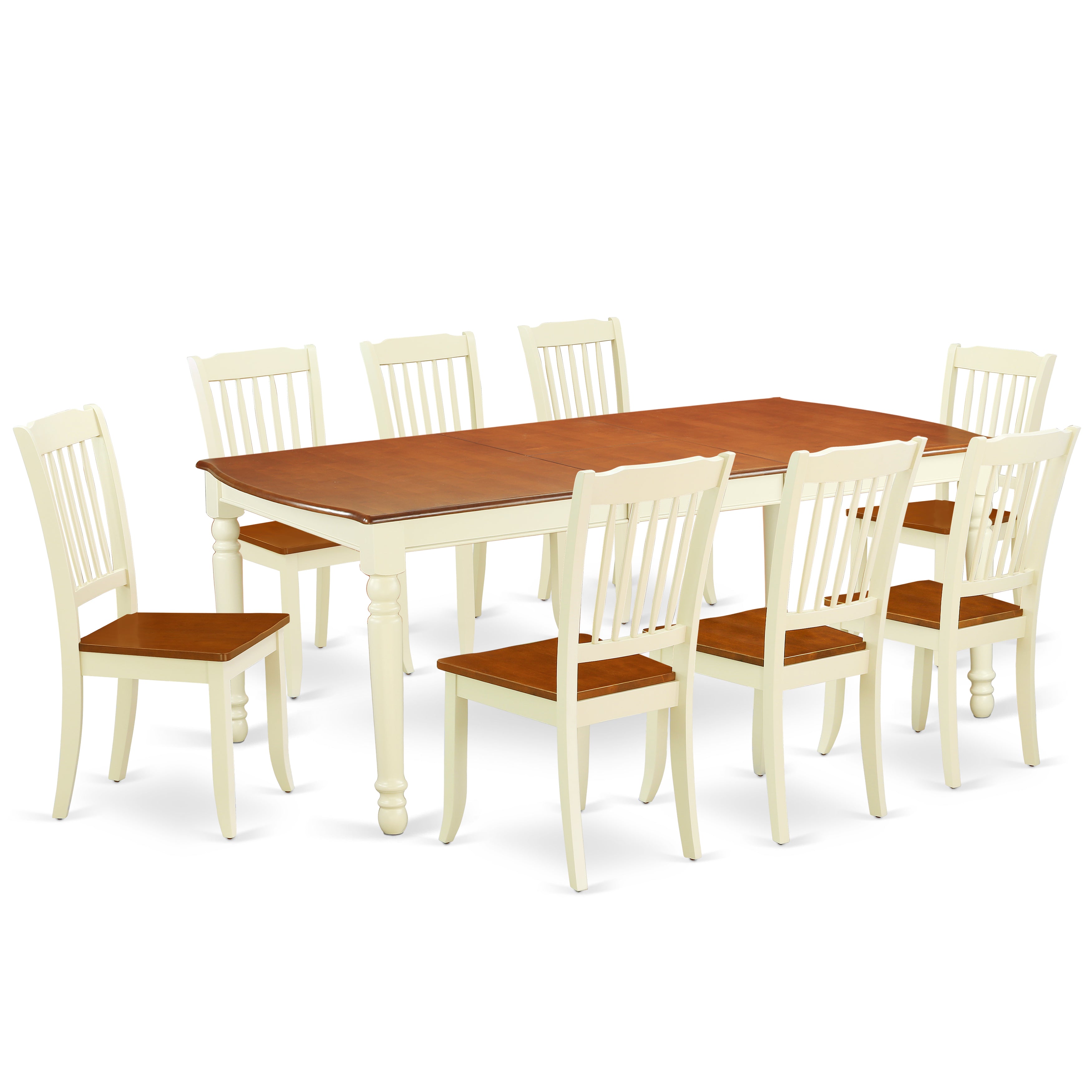 DODA9-BMK-W 9PC Rectangular 60/78 inch Table with 18 In Leaf and 8 vertical slatted Chairs