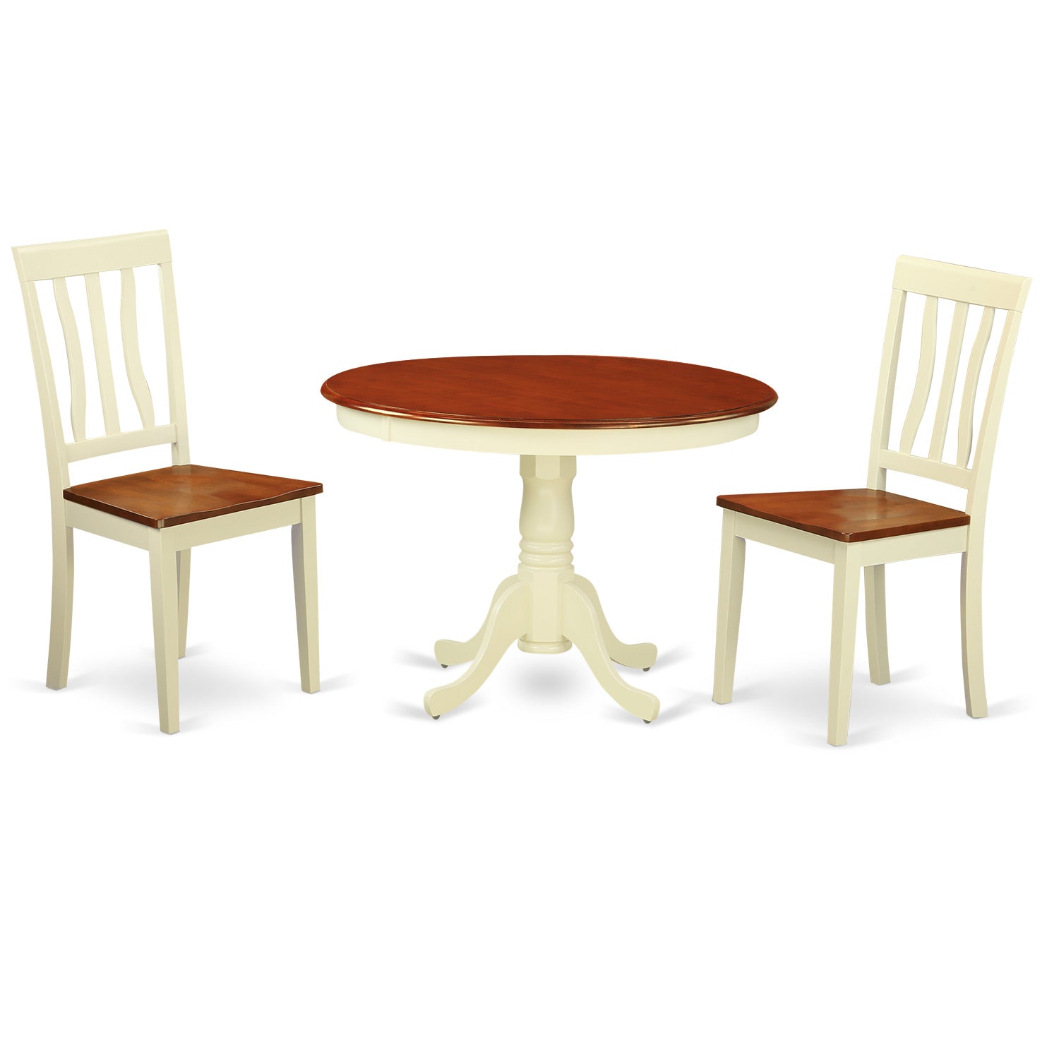 HLAN3-BMK-W 3 Pc set with a Round Dinette Table and 2 Wood Kitchen Chairs in Buttermilk and Cherry .