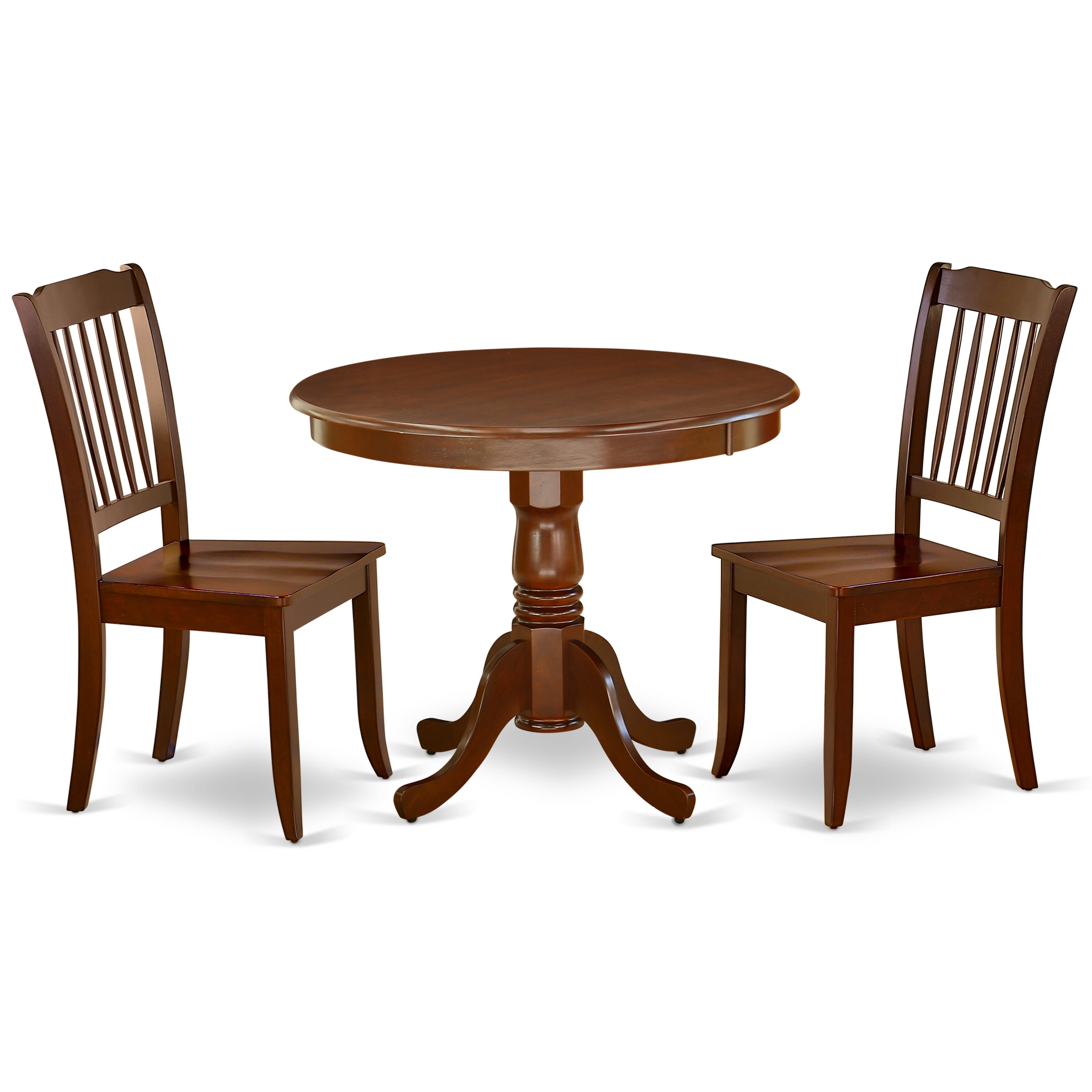 ANDA3-MAH-W 3PC Round 36 inch Table and 2 vertical slatted Chairs