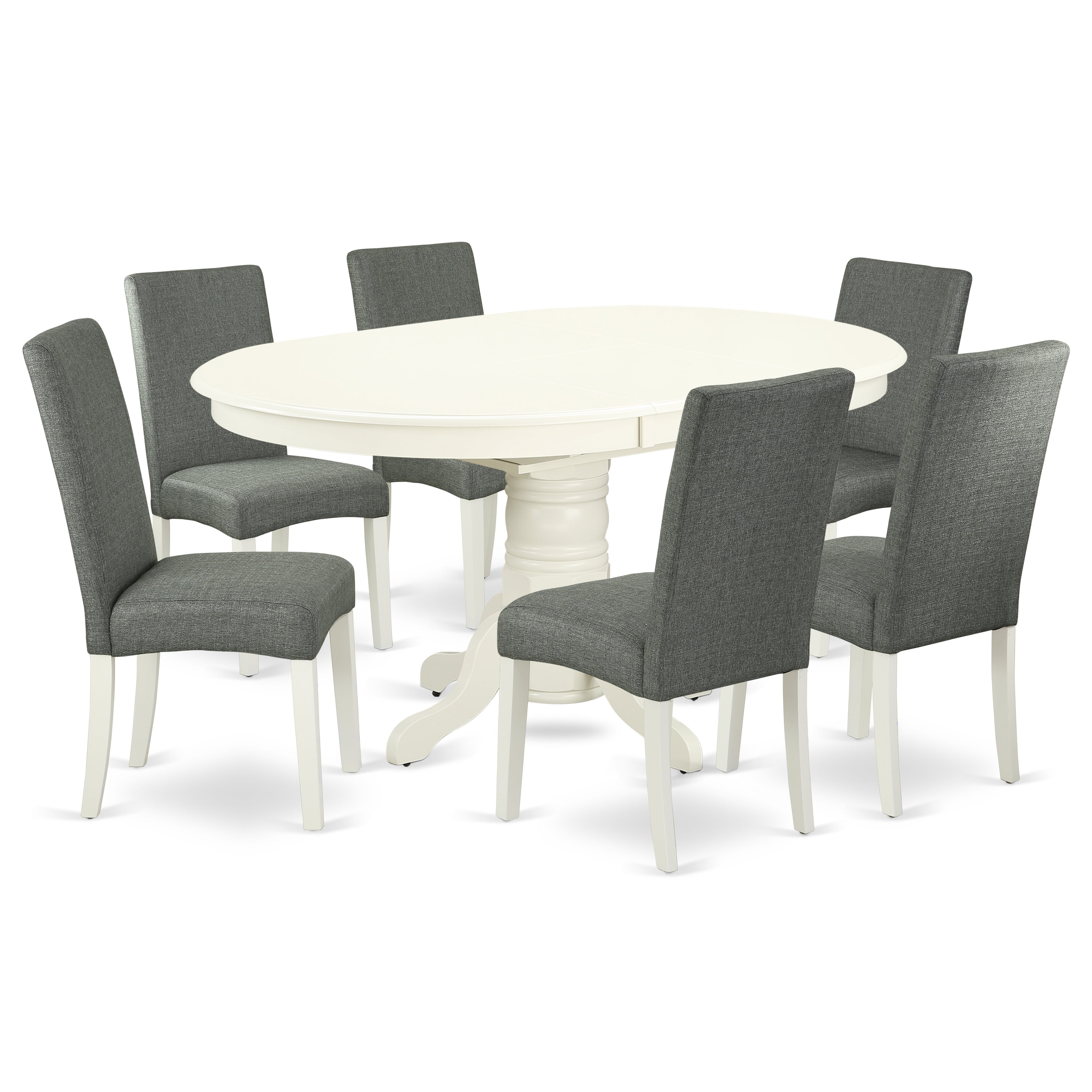 AVDR7-LWH-07 7Pc Oval 42/60" Dinette Table With 18 In Butterfly Leaf And 6 Parson Chair With Linen White Finish Leg And Linen Fabric- Gray Color