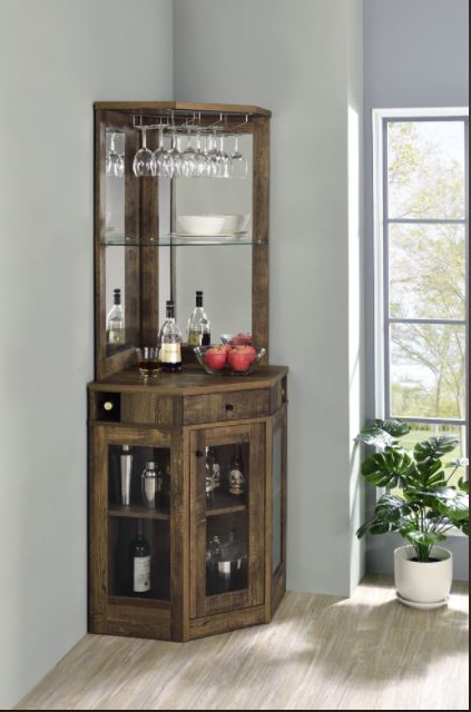 Farmhouse Style Corner Bar Cabinet with Stemware Rack Rustic Oak