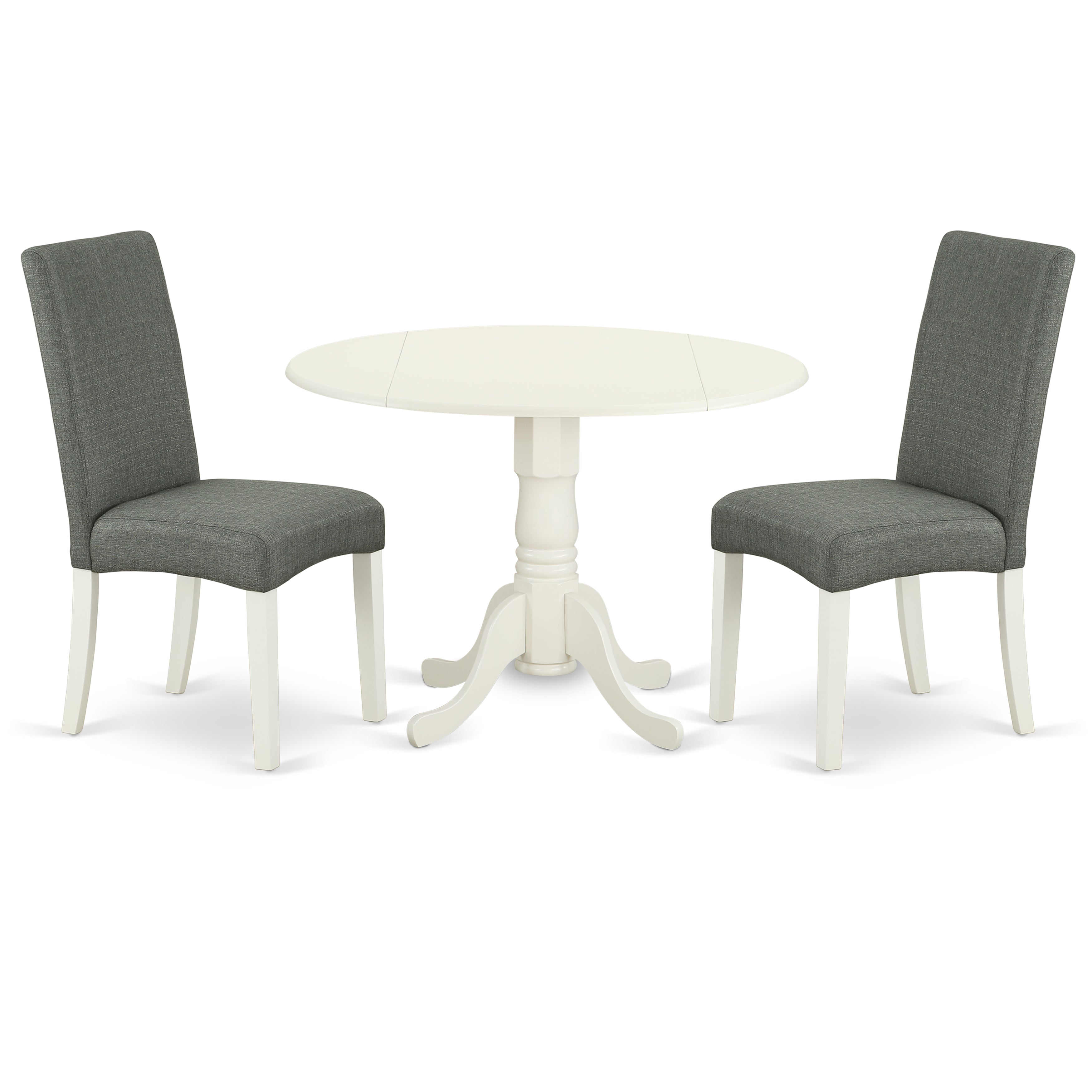 DLDR3-LWH-07 3Pc Round 42 Inch Dining Table With Two 9-Inch Drop Leaves And Two Parson Chair With Linen White Finish Leg And Linen Fabric- Gray Color