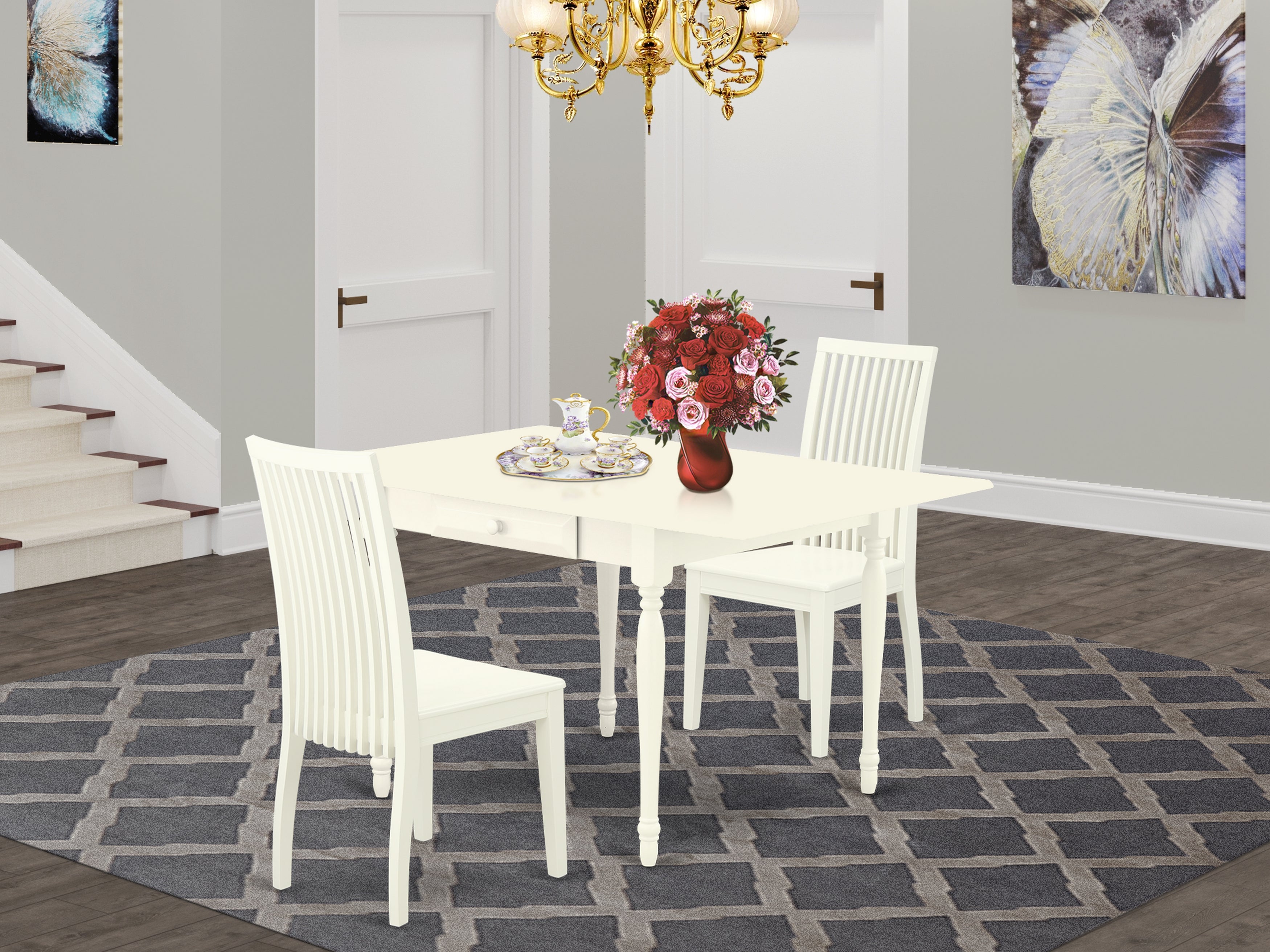 East West Furniture MZIP3-LWH-W 3 Pieces Wood Dining Table set - Robust Drop Leaf Solid Wood Rectangular Table and 2 Hardwood Seat Dining Room Chairs, Linen White Finish