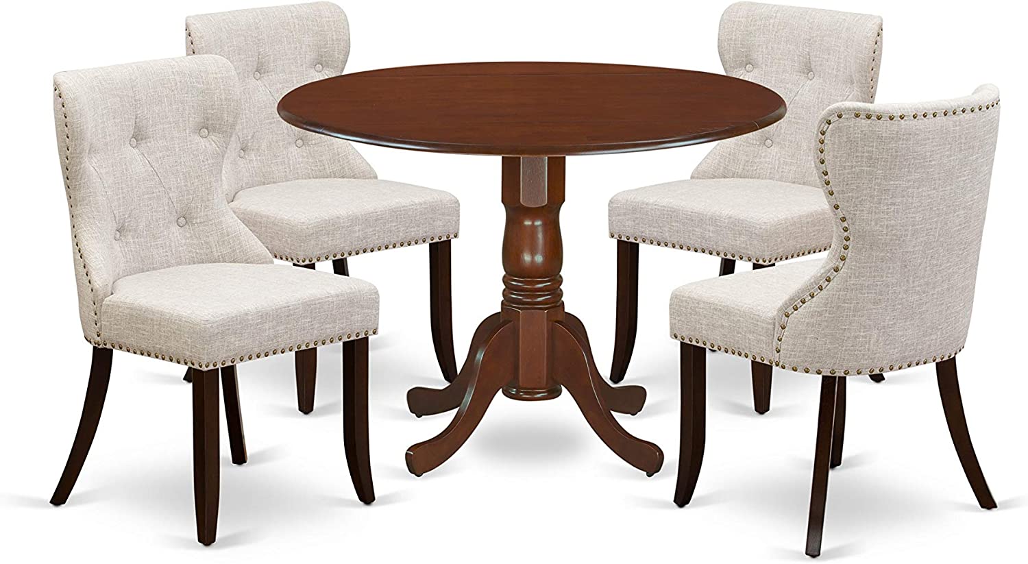 5Pc 42" Round Table and 4 Parson Chairs Mahogany Color Dining Table Set