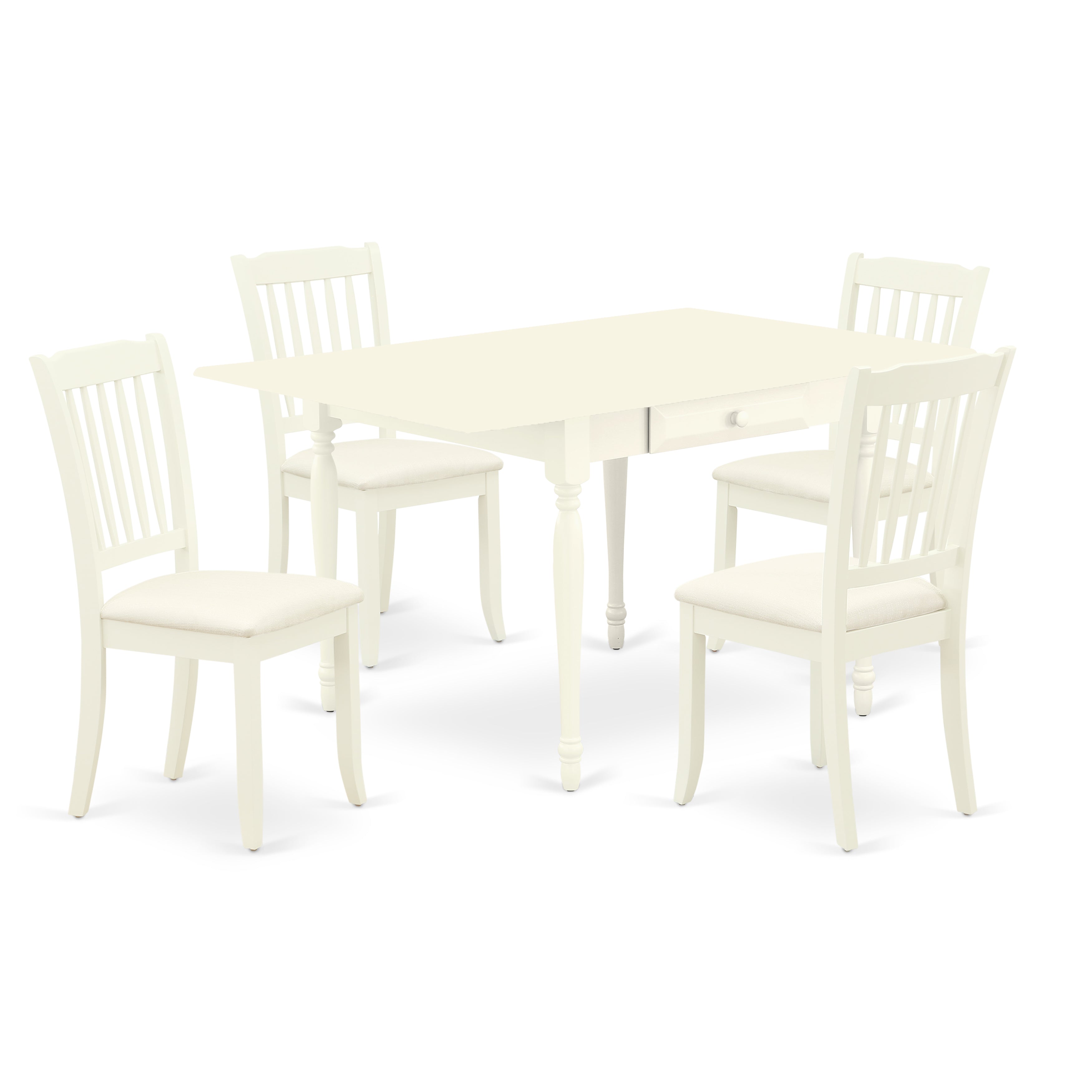 East West Furniture MZDA5-LWH-C 5Pc Wood Dining Table Set Includes a Kitchen Table and 4 Kitchen Chairs with Microfiber Upholstery Seat, Drop Leaf Table with Slat Back Chairs, Linen White Finish