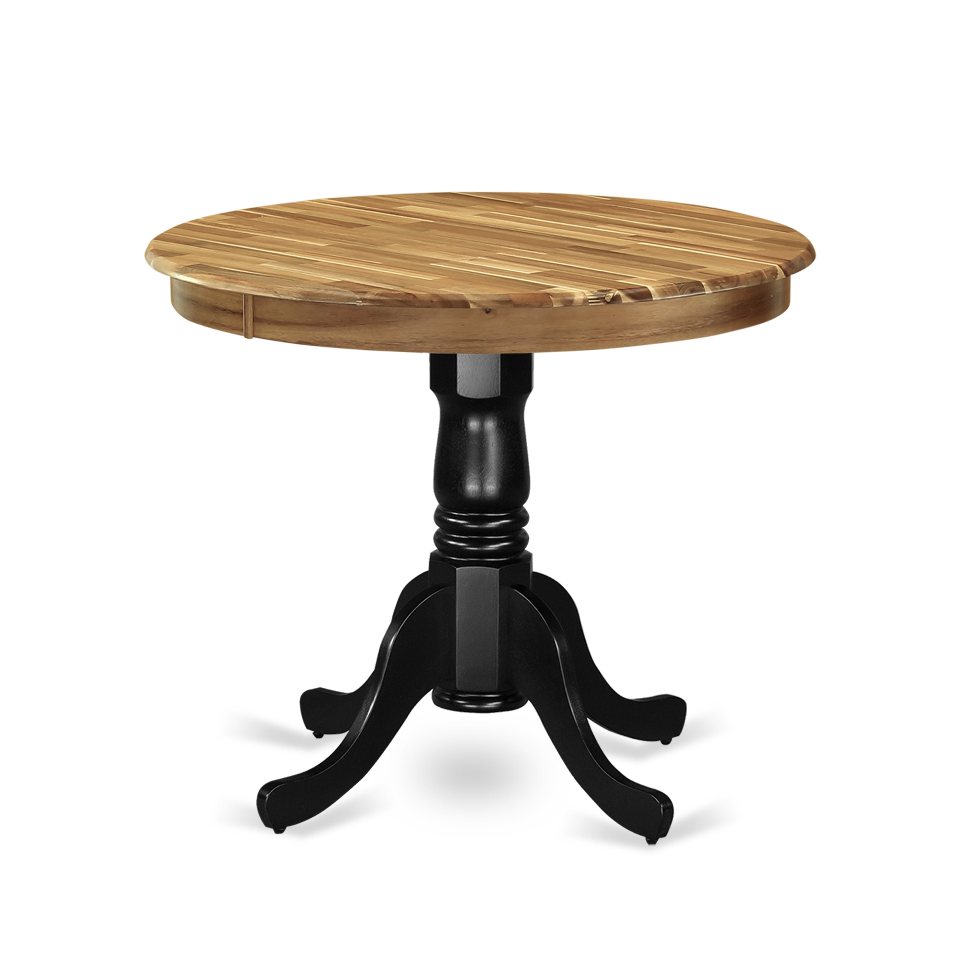 AMT-NBK-TP Antique Dining Table Made of Acacia Wood offering Wood Texture Table Top, 36 Inch Round, Wirebrushed Black Pedestal