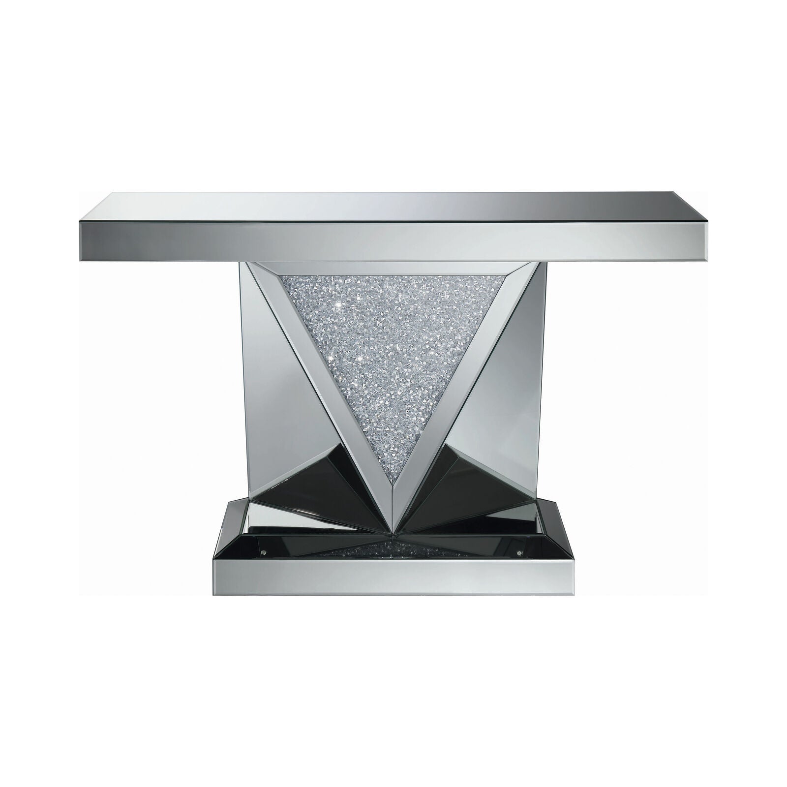 Rectangular Sofa Table With Triangle Detailing Silver And Clear Mirror 722509