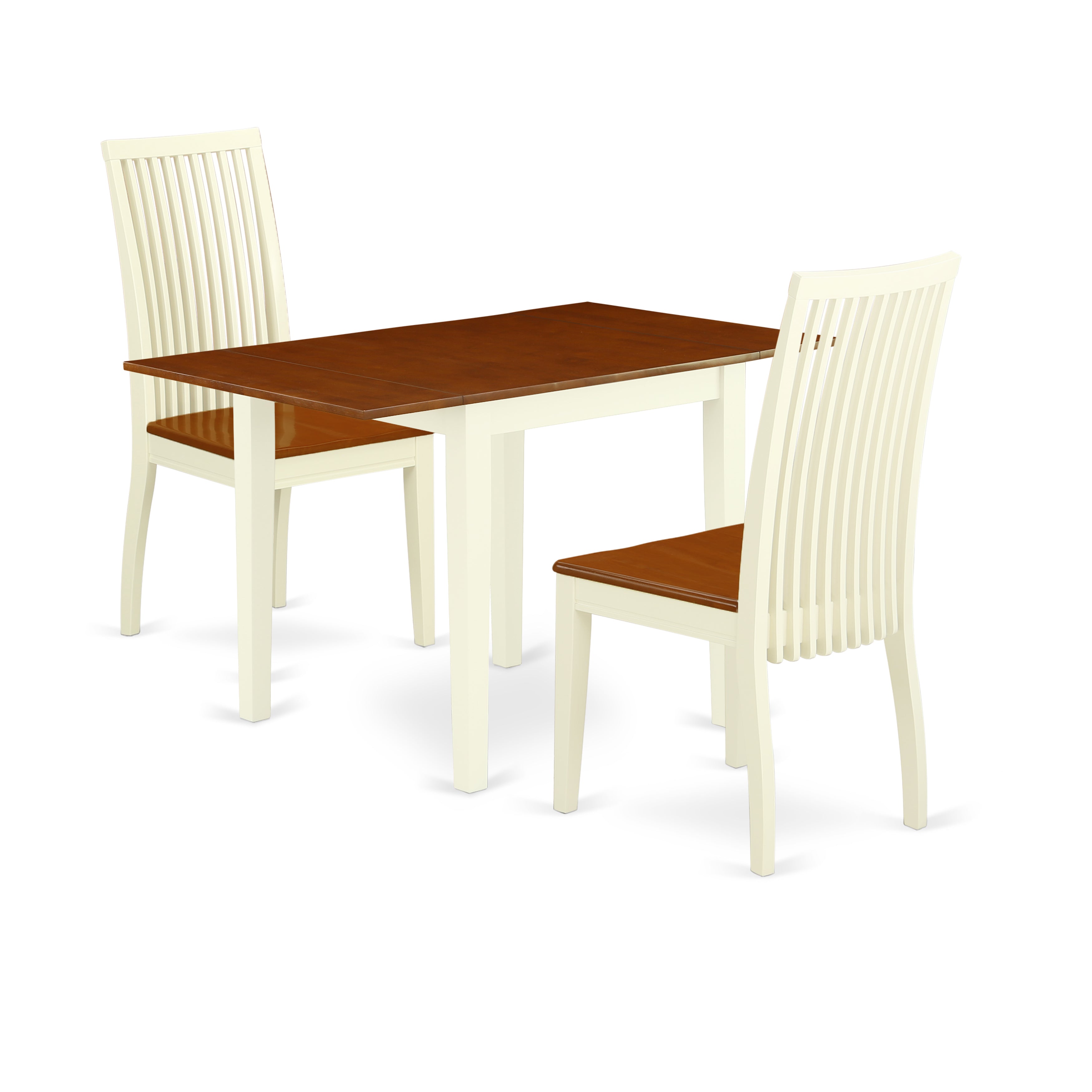 East West Furniture NDIP3-WHI-W 3Pc Dinette Set for Small Spaces Contains a Rectangle Table and 2 Dining Chairs with Rubberwood Seat and Slat Back, Buttermilk and Cherry Finish