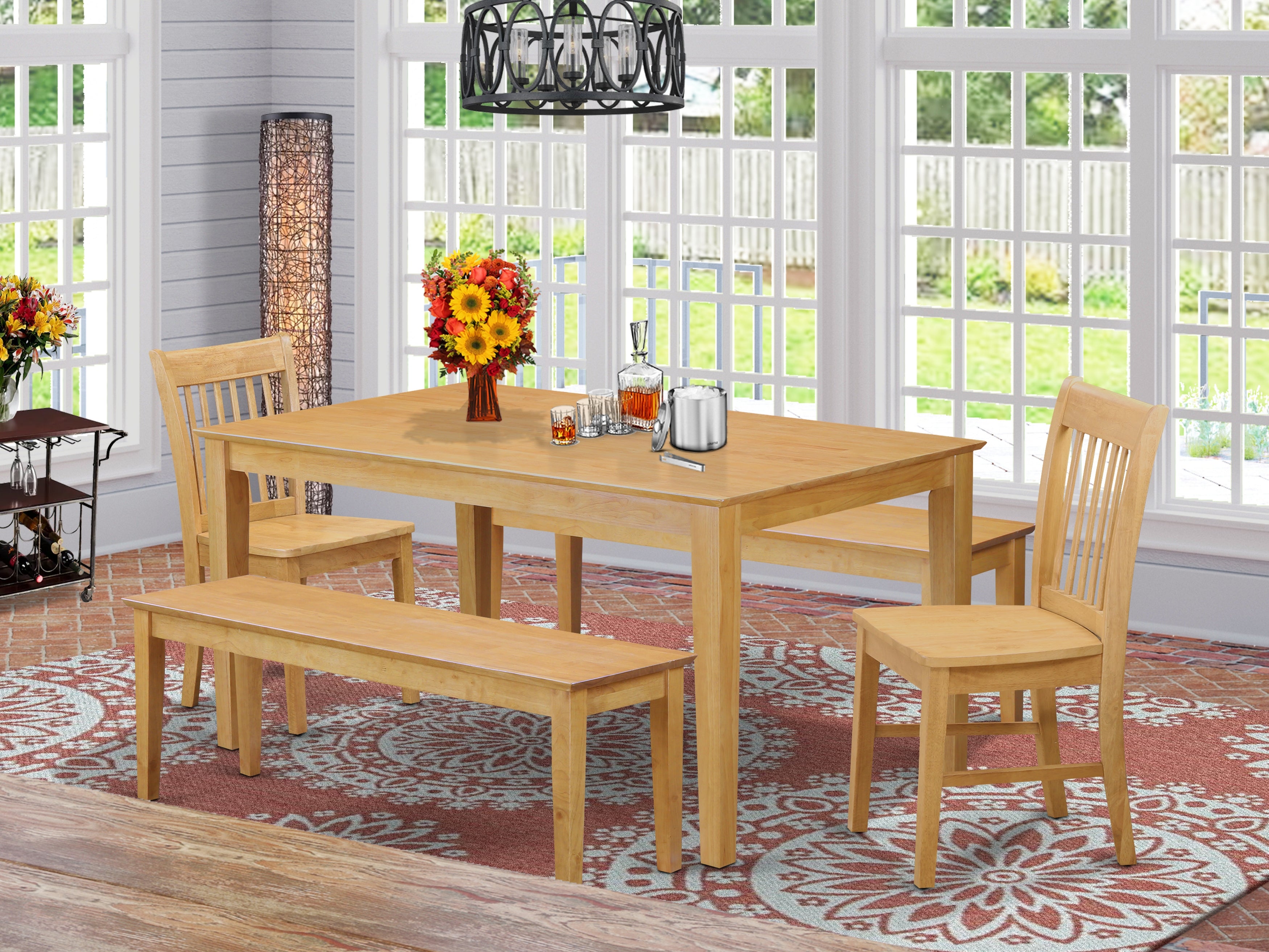 CANO5C-OAK-W 5 PC Dining room set - Kitchen Table and 2 Dining Chairs and 2 Wooden benches