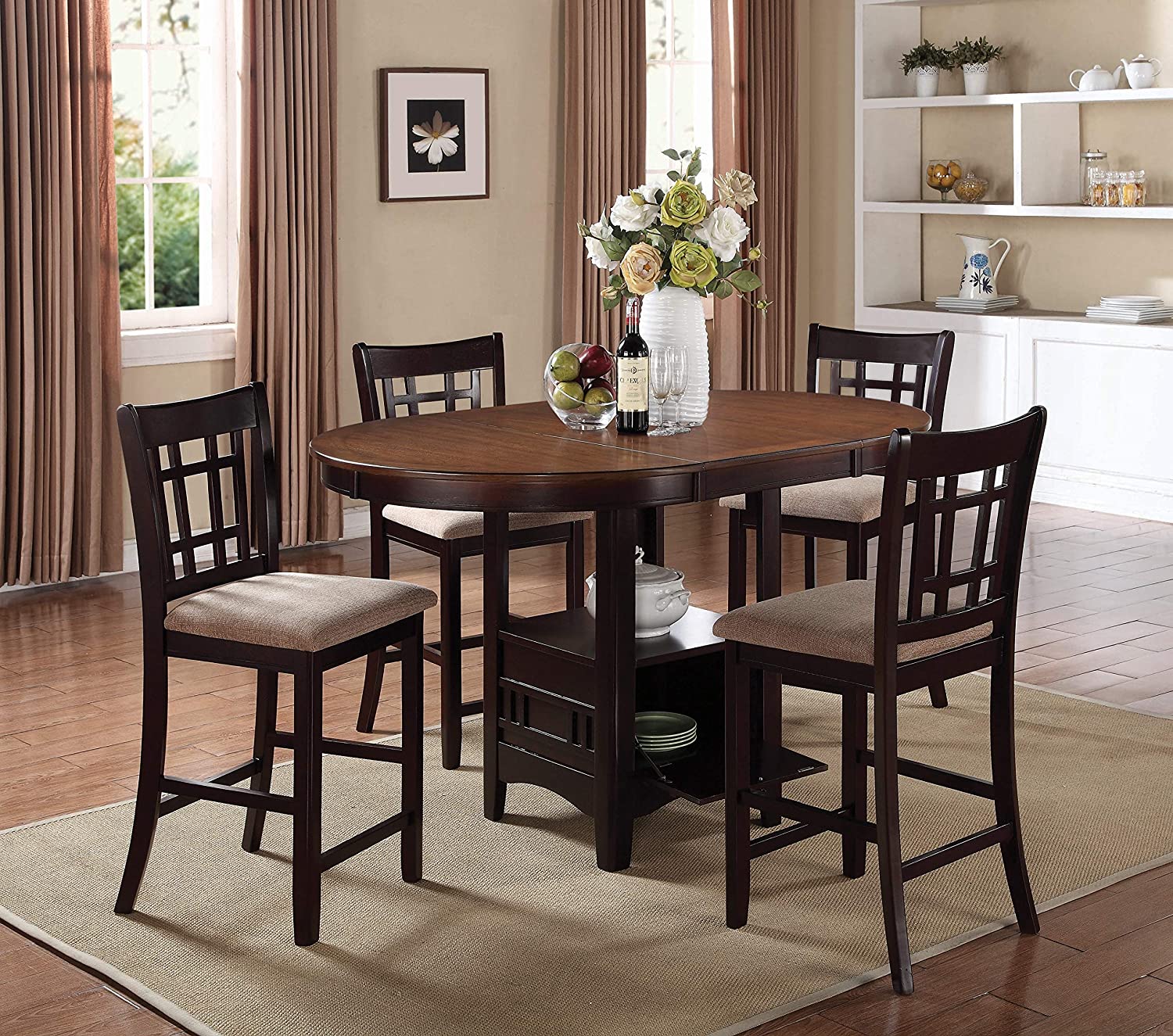 5-Piece Storage Counter Table Dining Set Tan and Espresso