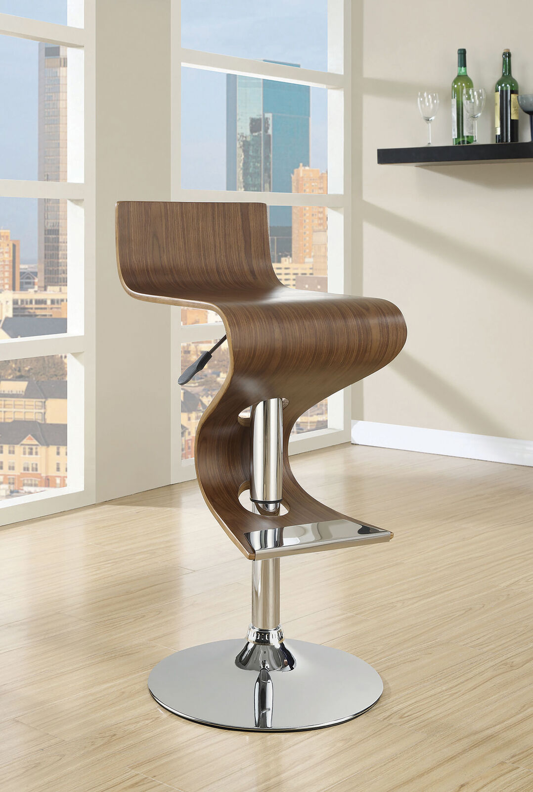 Coaster Modern Walnut With Chrome Base Adjustable Bar Stool Game Room Chair