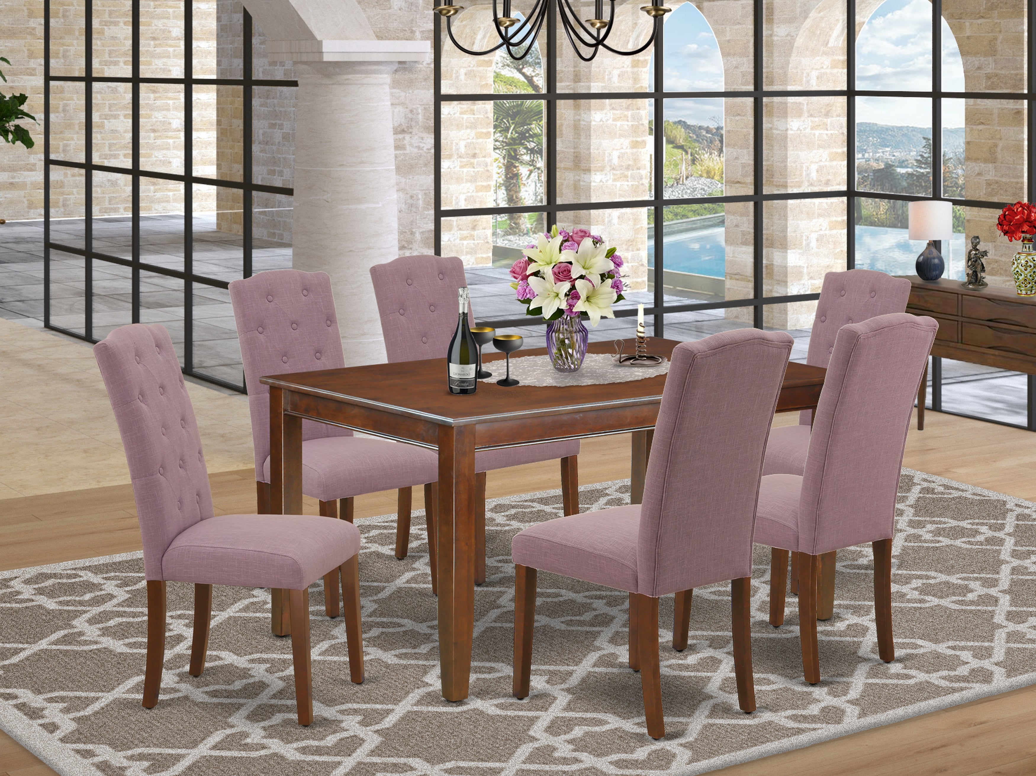DUCE7-MAH-10 7Pc Dinette Set Includes a Rectangular Kitchen Table and Six Parson Chairs with Dahlia Fabric, Mahogany Finish