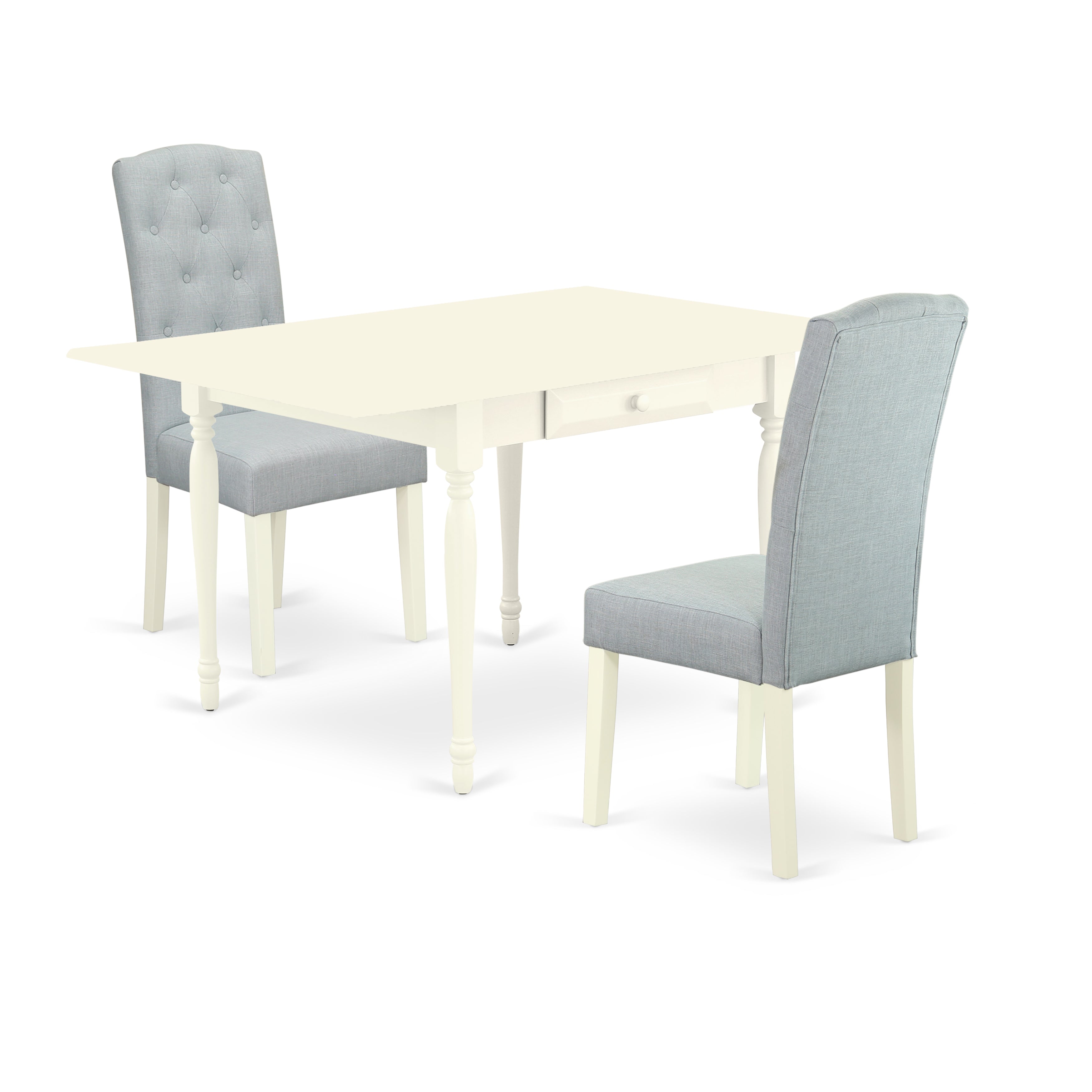 East West Furniture MZCE3-LWH-15 3Pc Dining Table Set Contains a Wood Dining Table and 2 Upholstered Dining Chairs with Baby Blue Color Linen Fabric, Drop Leaf Table with Full Back Chairs, Linen White Finish