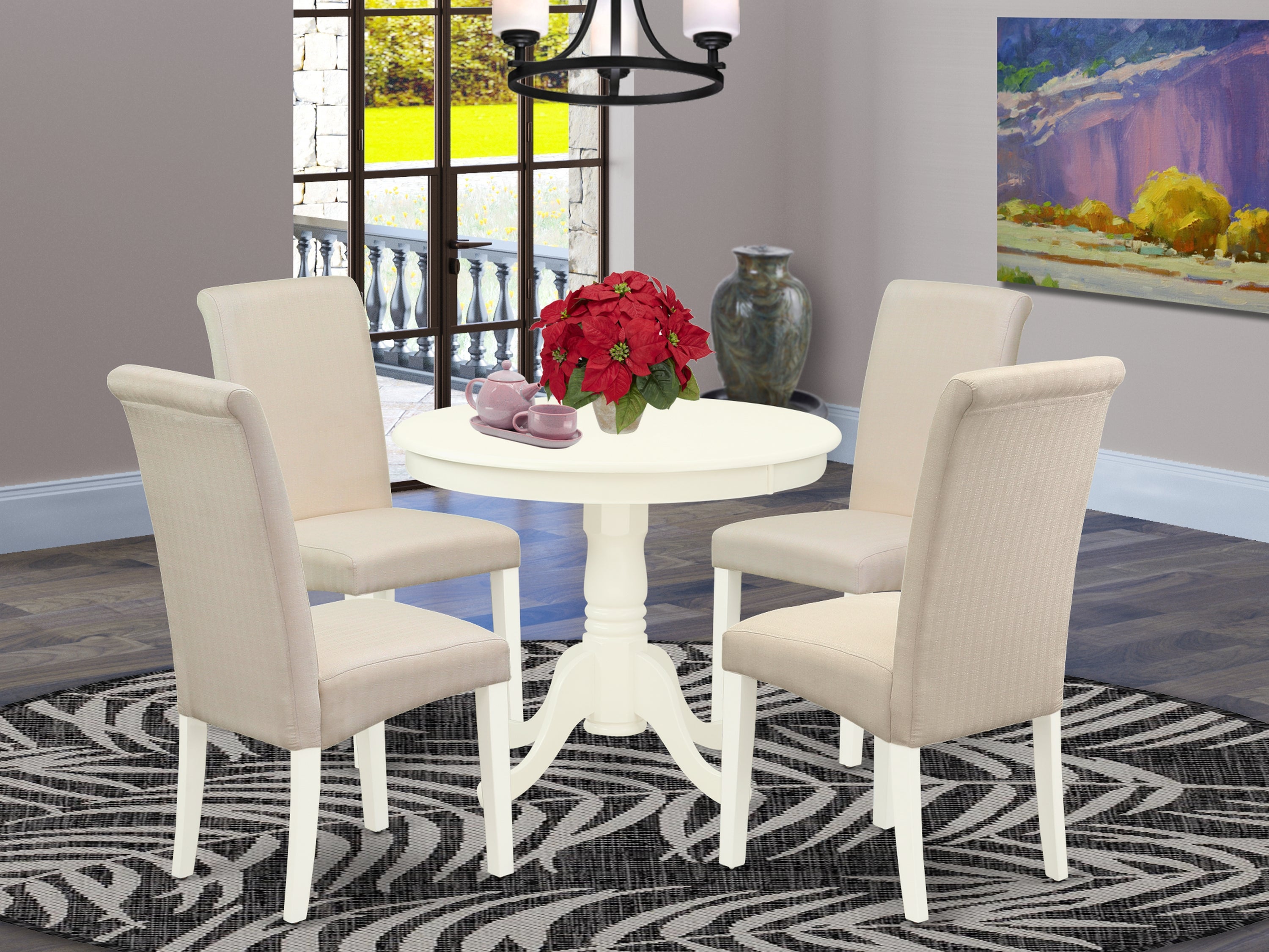 ANBA5-LWH-01 5Pc Dining Set Includes a Small Round Dinette Table and Four Parson Chairs with Cream Fabric, Linen White Finish