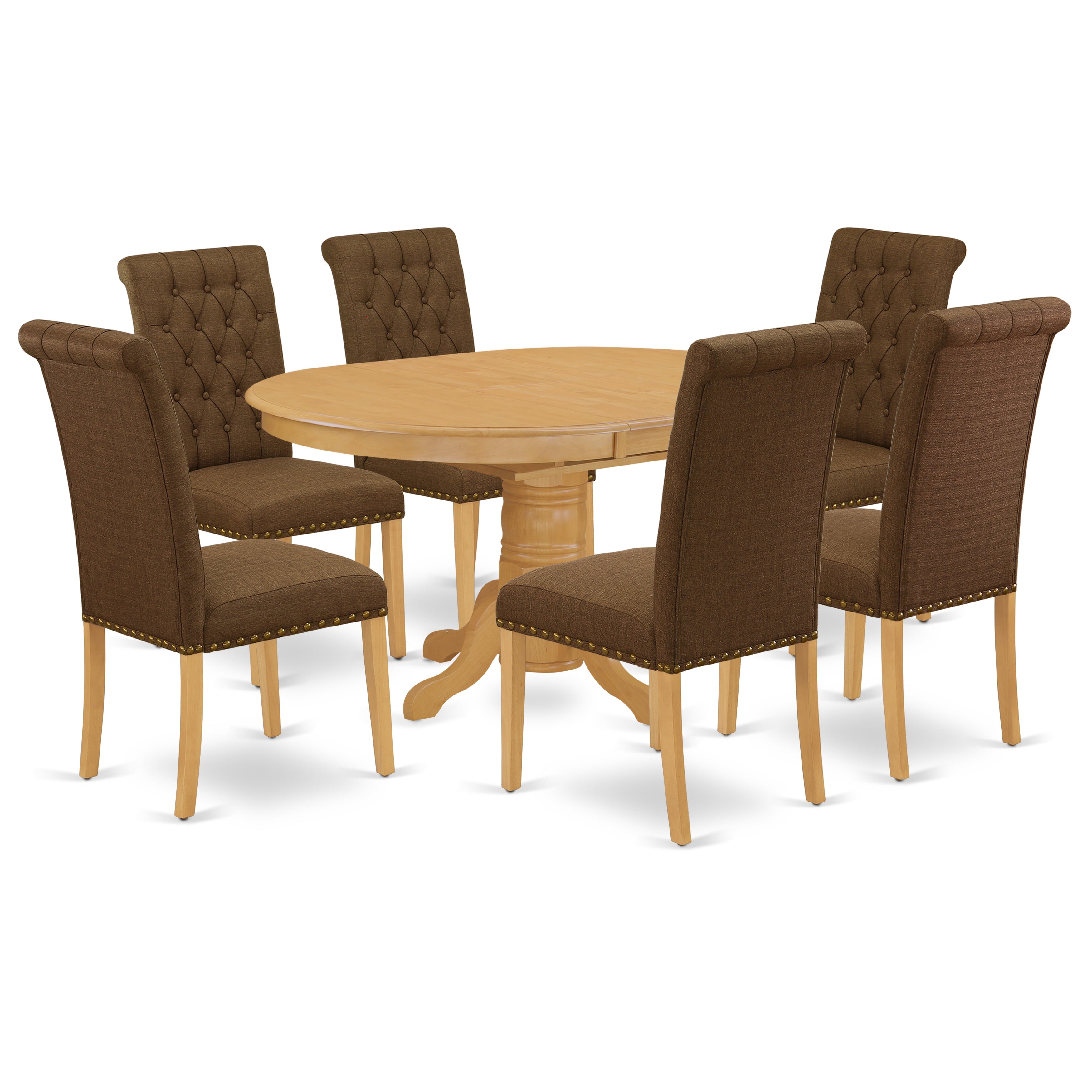 AVBR7-OAK-18 7Pc Dinette Set Includes an Oval Kitchen Table with Butterfly Leaf and Six Parson Chairs with Dark Coffee Fabric, Oak Finish