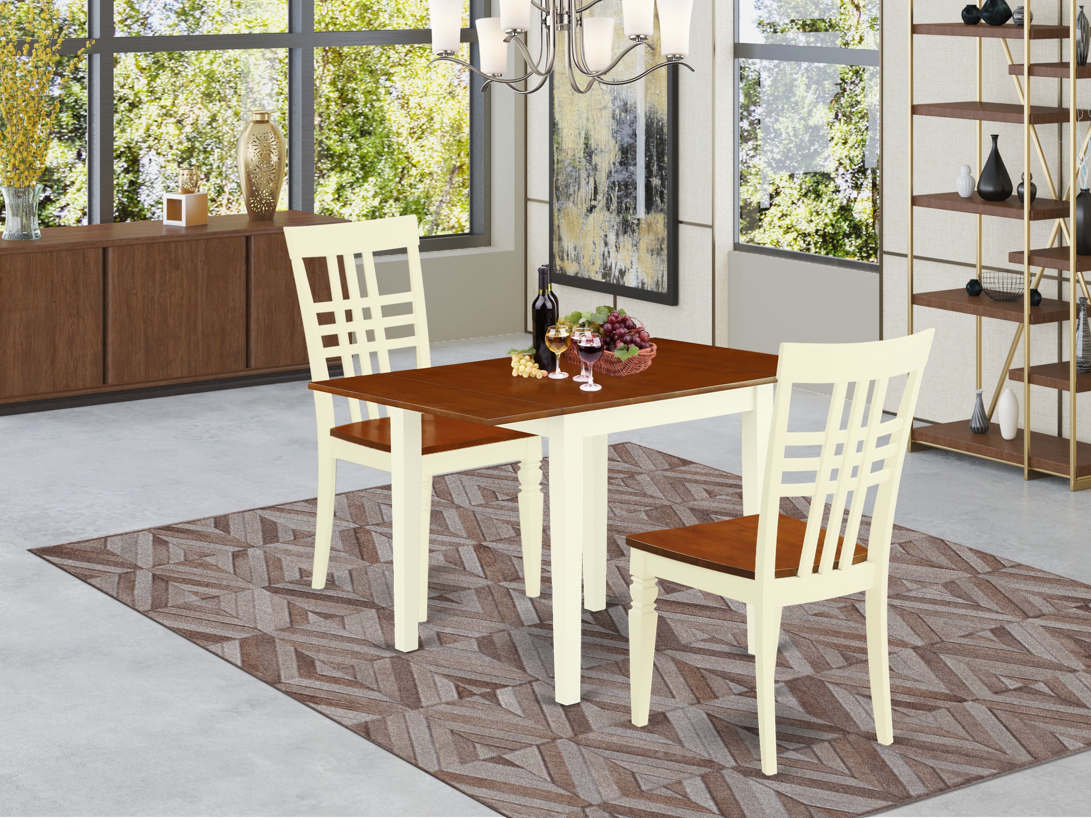 East West Furniture NDLG3-WHI-W 3Pc Dining Table Set Consists of a Wood Dining Table and 2 Modern Dining Chairs with Solid Wood Seat and Panel Back, Buttermilk and Cherry Finish