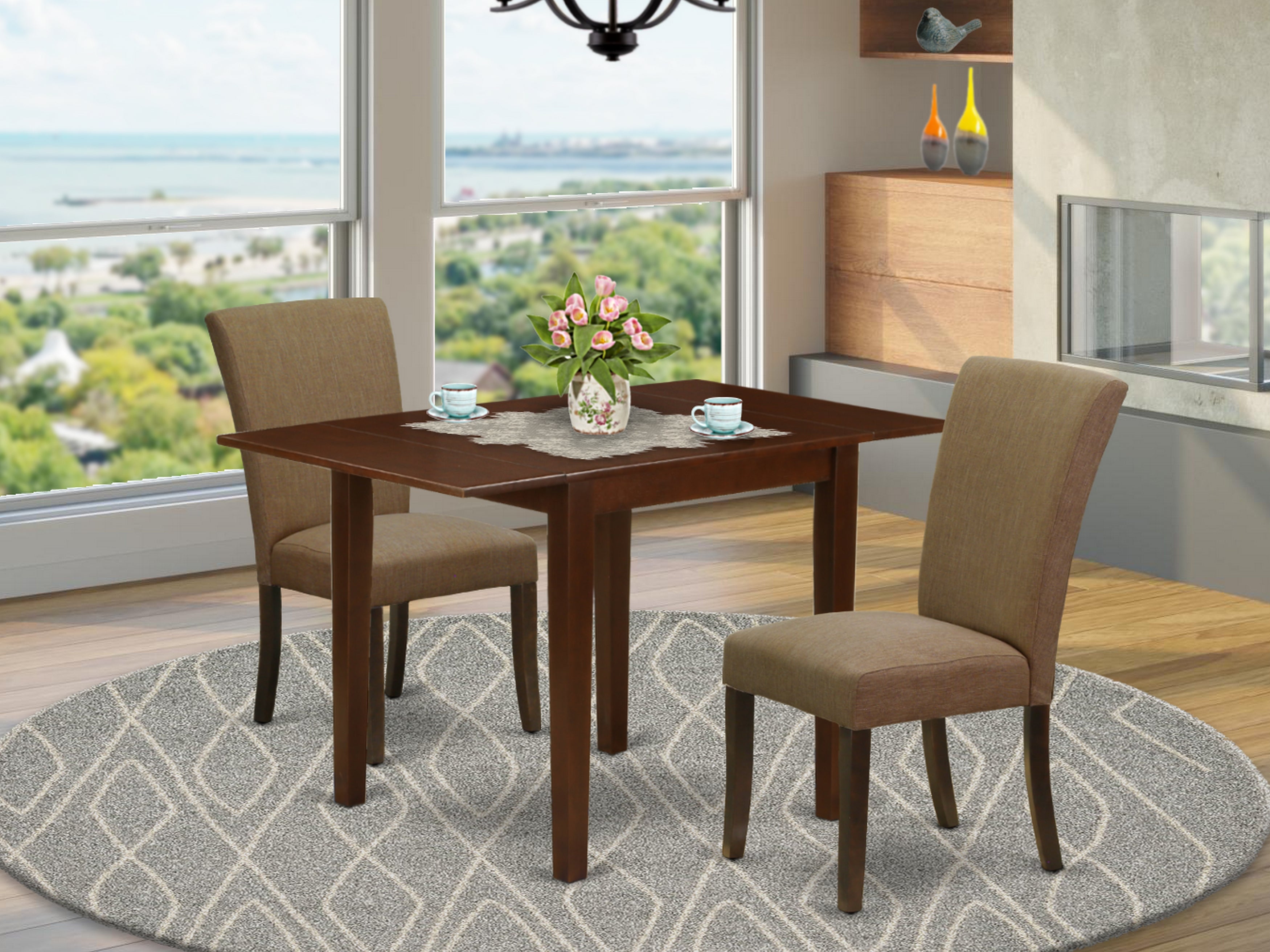 East West Furniture NDAL3-MAH-17 Dining Table Set 3 Pc - Two Dining Chairs and a Wooden Table - Mahogany Finish Wood - Light Sable Color Linen Fabric