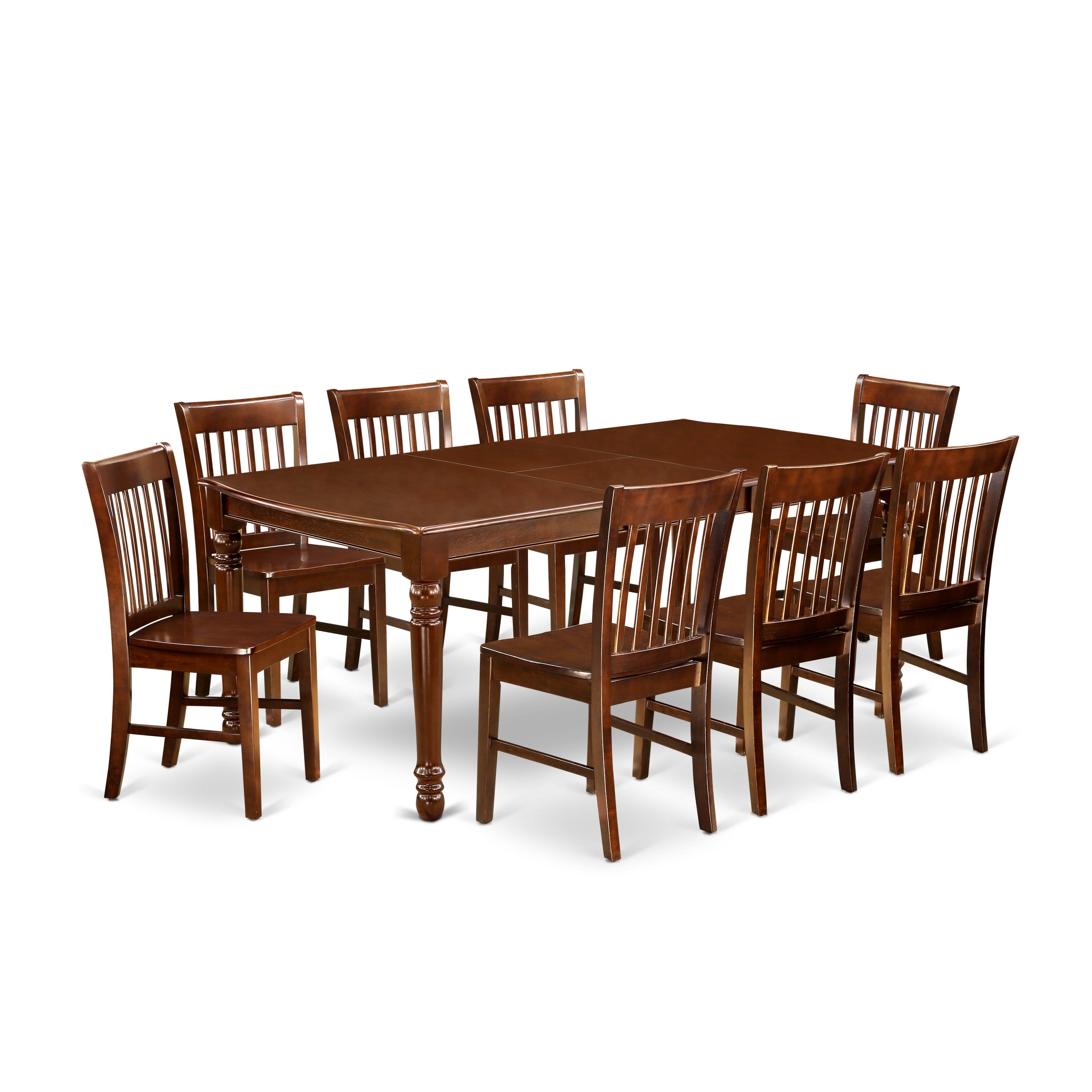 DONO9-MAH-W 9Pc Rectangle 60/78 Inch Kitchen Table With 18 In Self Storing Butterfly Leaf And Eight Wood Seat Dining Chairs