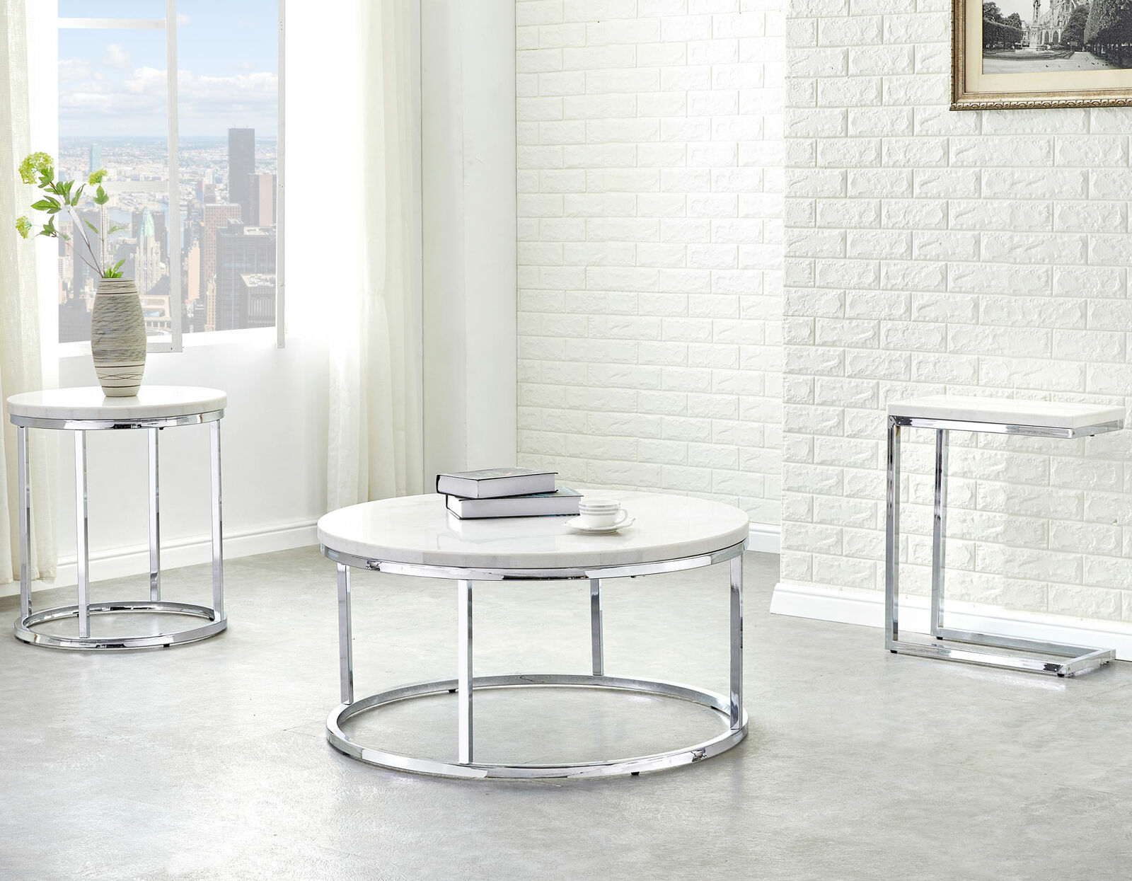 Echo White Marble Top With Chrome Base Round Cocktail Coffee Table