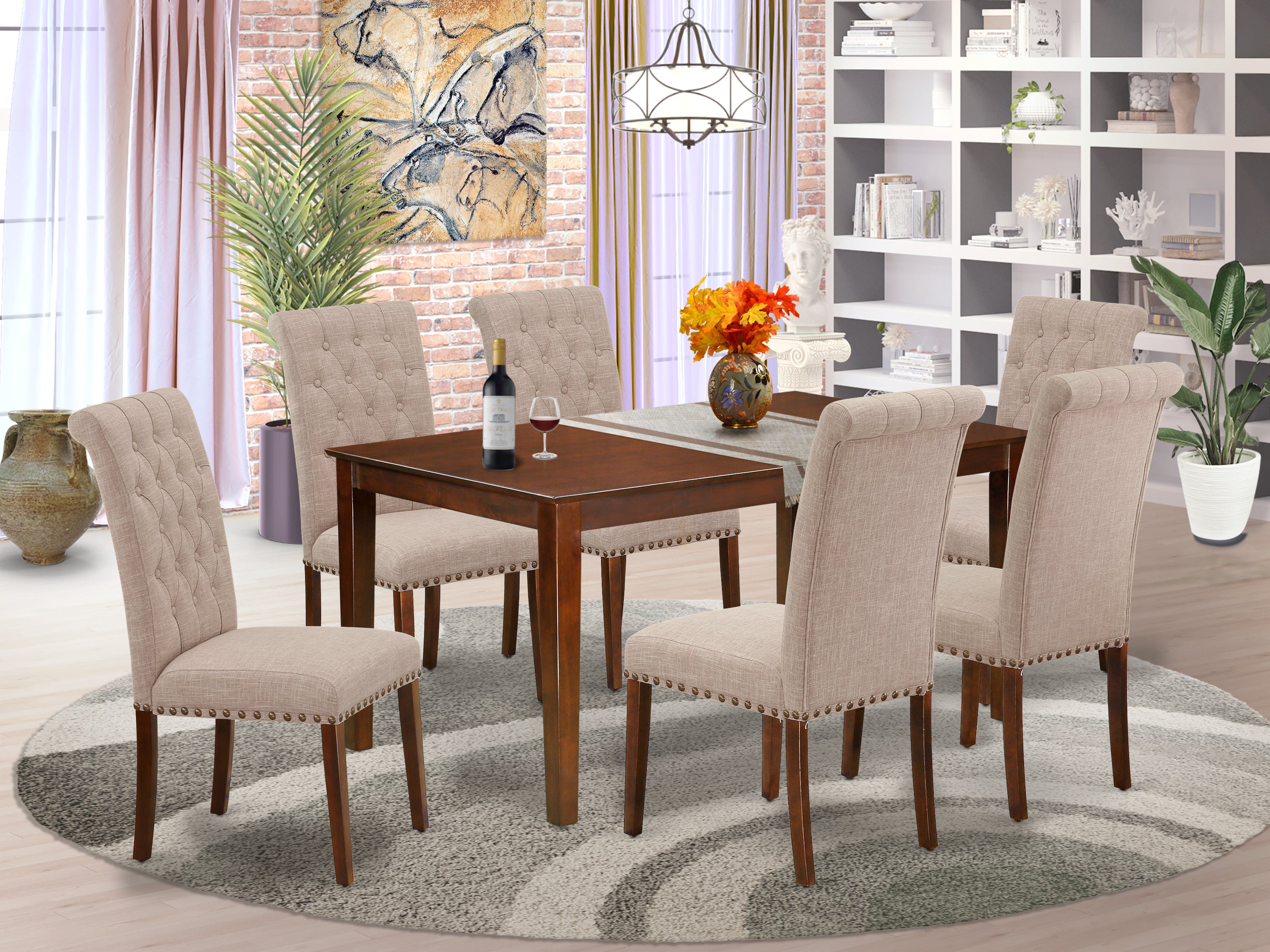 CABR7-MAH-04 7Pc Dinette Set Includes a Rectangular Kitchen Table and Six Parson Chairs with Light Fawn Fabric, Mahogany Finish