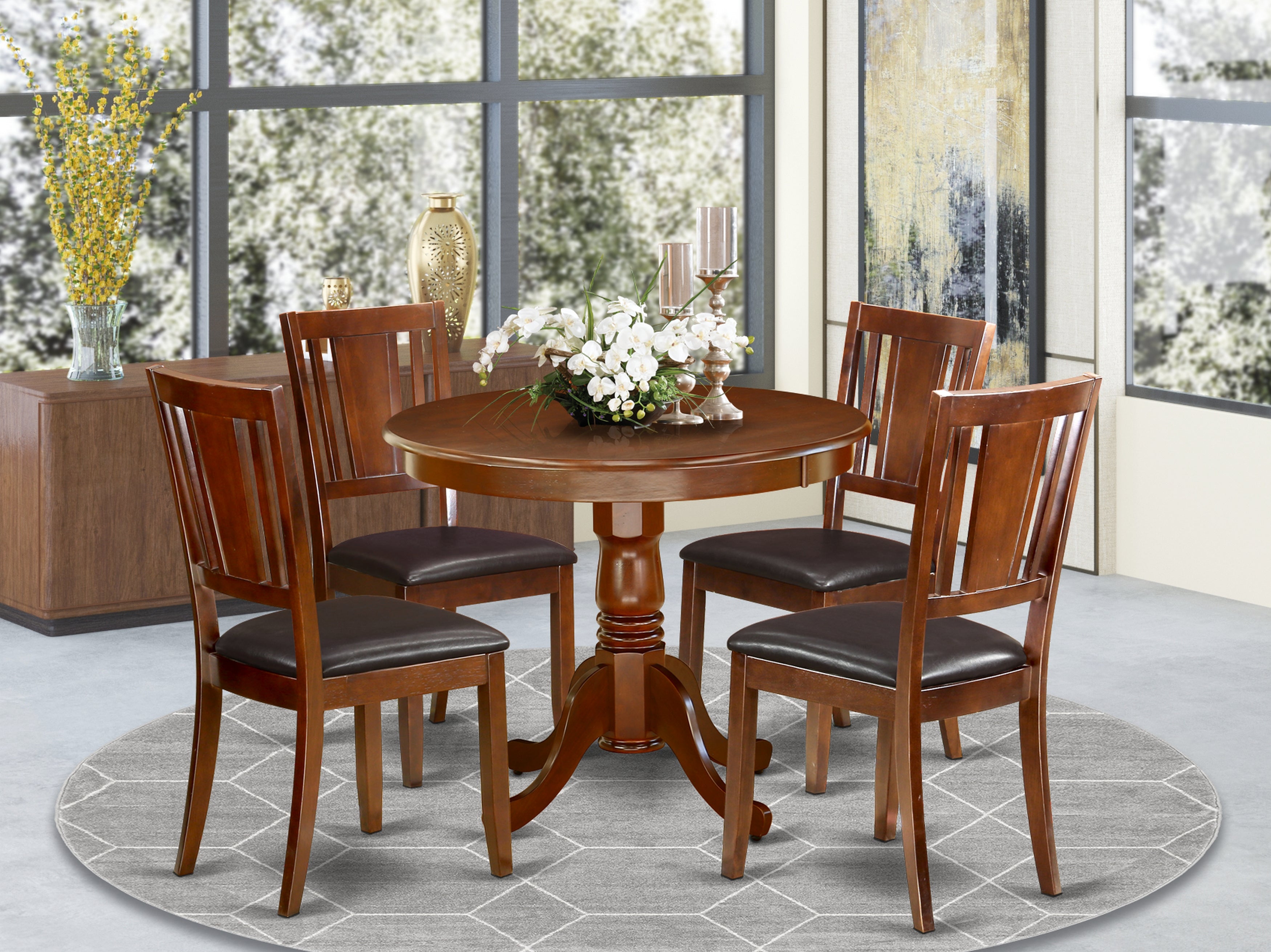 ANDU5-MAH-LC 5Pc Rounded 36" Dining Room Table And Four Faux Leather Seat Chairs