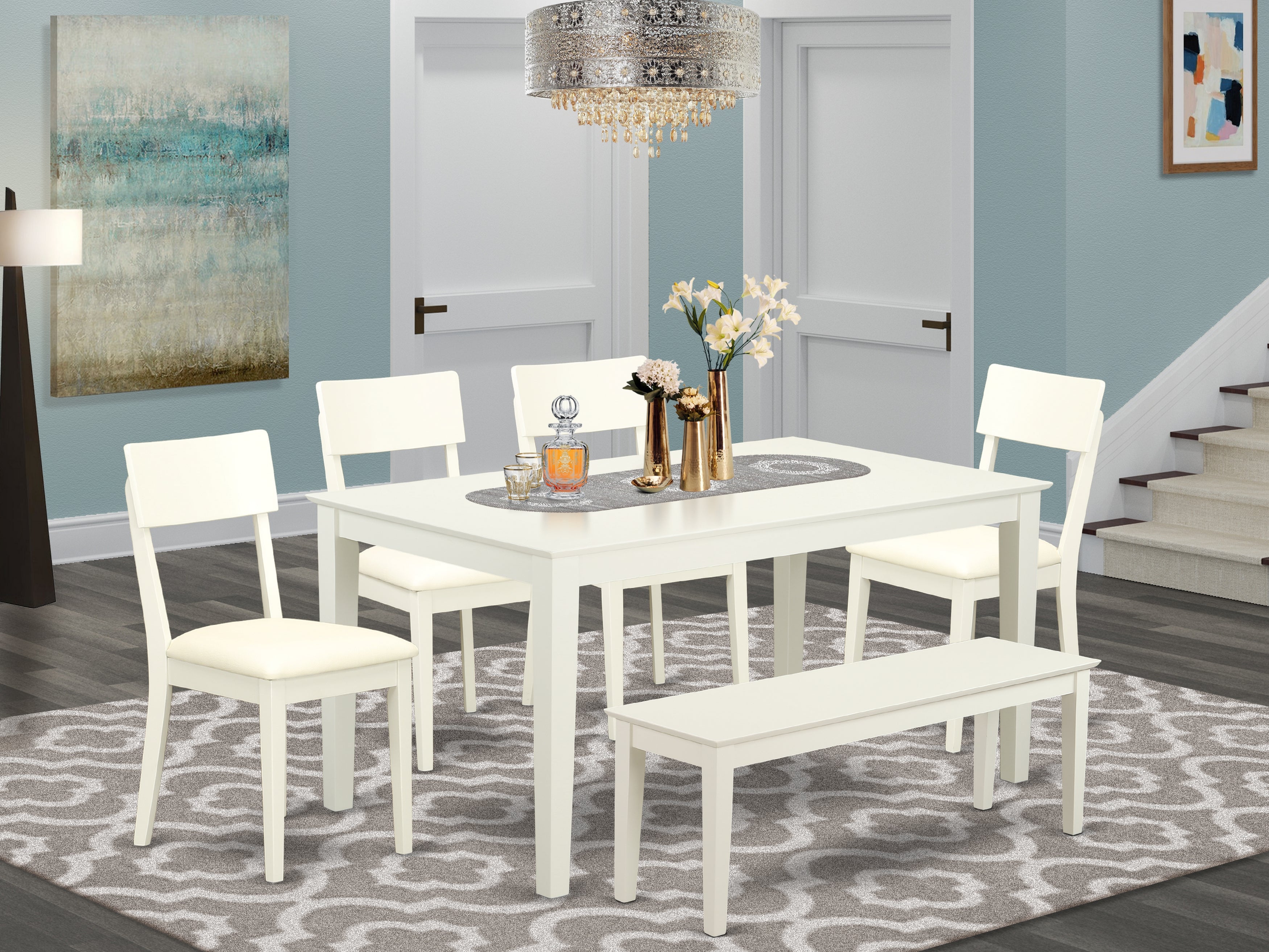 CAAD6-LWH-LC 6-Piece kitchen table with bench- table and 4 wood seat kitchen chairs and 1 Bench in Linen White