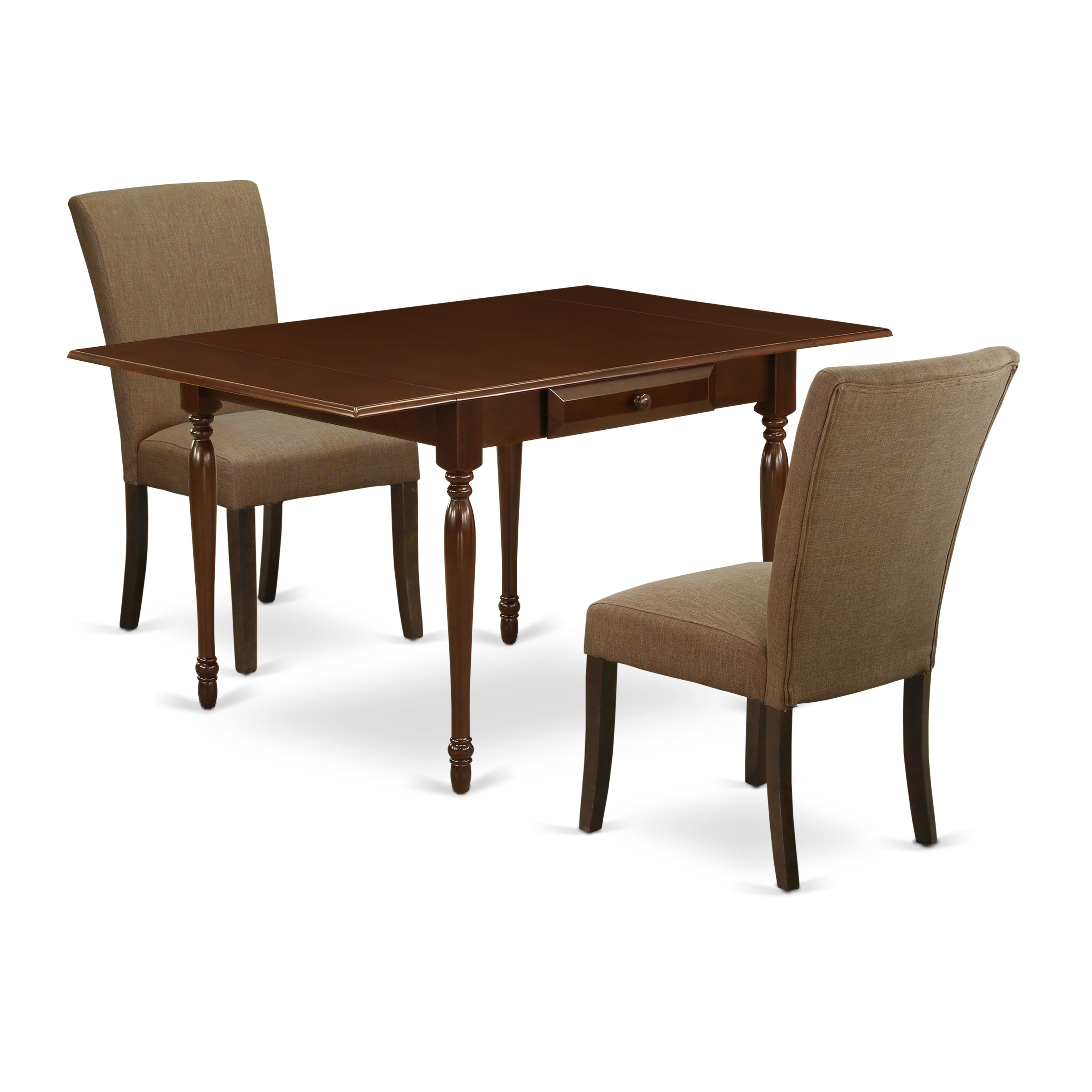 East West Furniture MZAL3-MAH-17 3Pc Dinette Sets for Small Spaces Includes a Kitchen Table and 2 Parson Chairs with Light Sable Color Linen Fabric, Drop Leaf Table with Full Back Chairs, Mahogany Finish