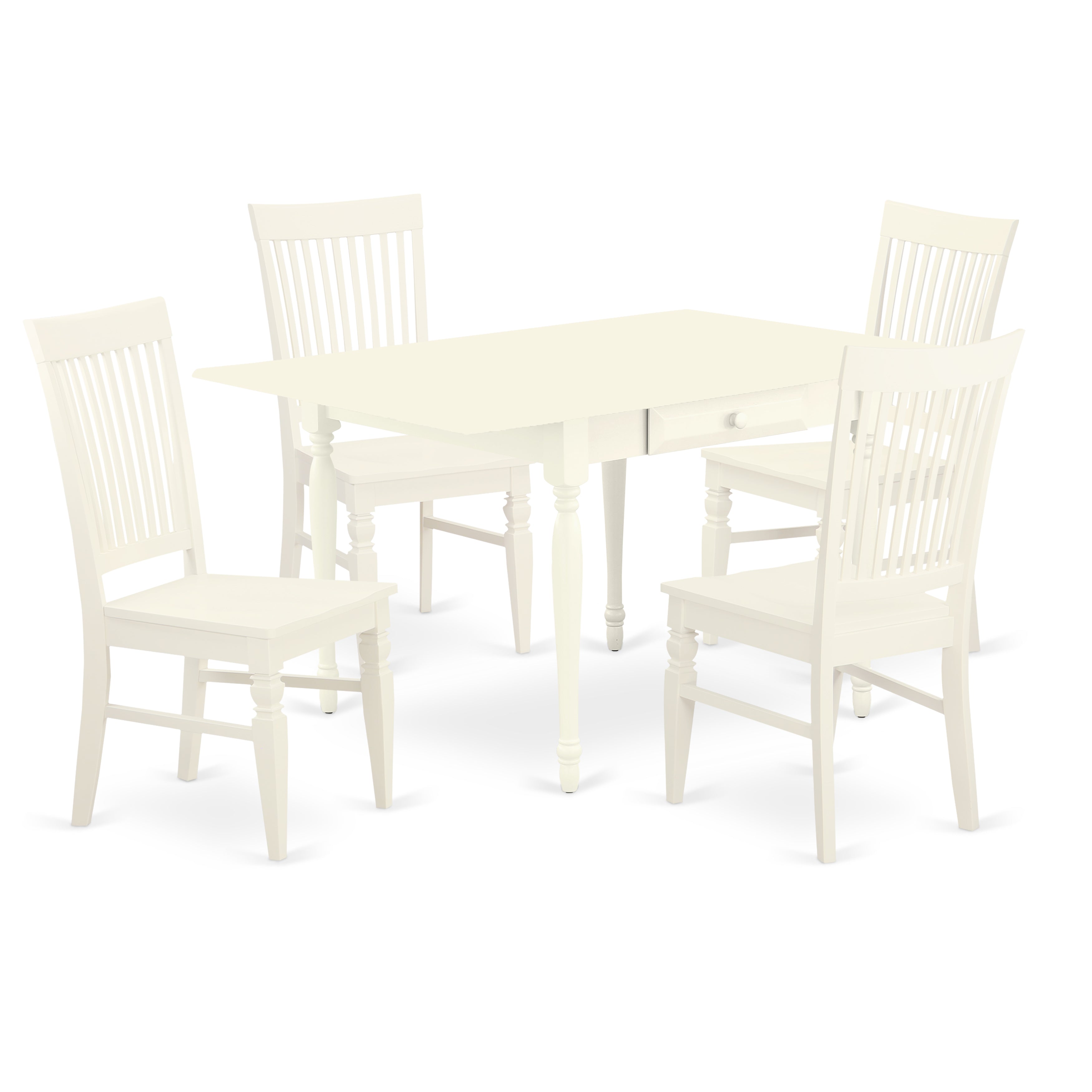 East West Furniture MZWE5-LWH-W 5 Pieces Kitchen Dining Table set - Durable Two 9-Inch Drop Down Leaves Real Wood Dining Table and 4 Wooden Seat Dining Chairs, Linen White Finish