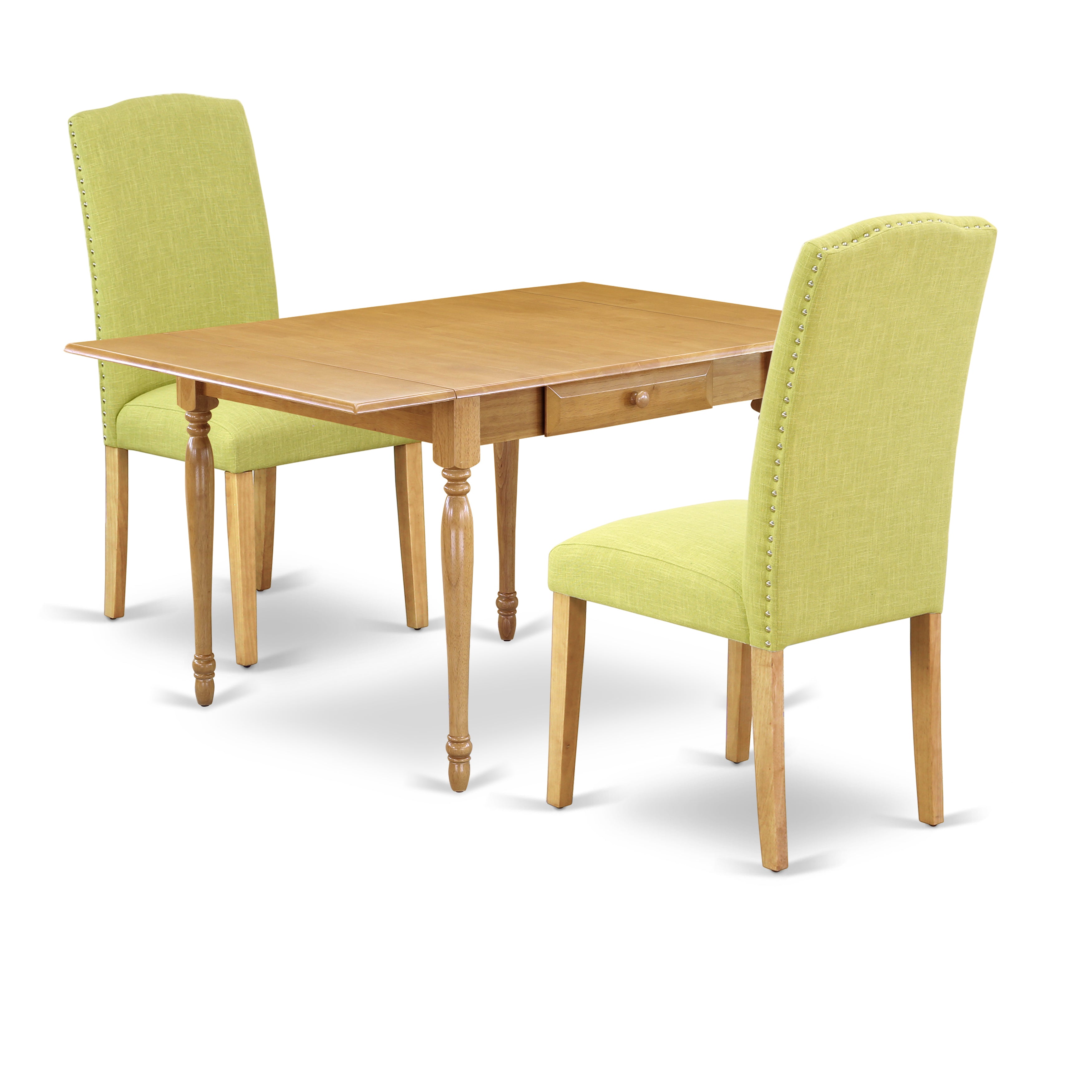 East West Furniture MZEN3-OAK-07 3Pc Kitchen Table Set Offers a Kitchen Table and 2 Parson Chairs with Limelight Color Linen Fabric, Drop Leaf Table with Full Back Chairs, Oak Finish