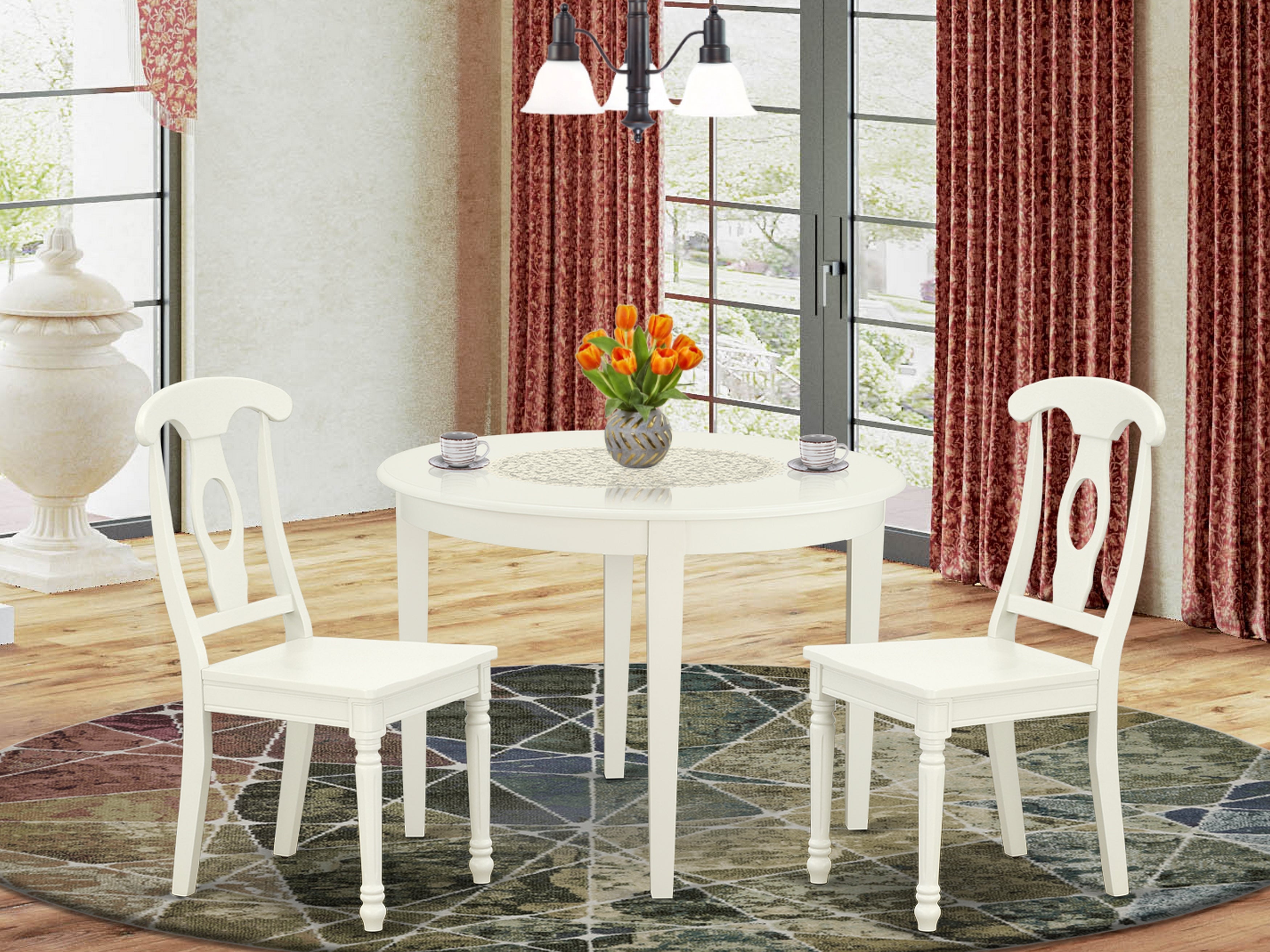 BOKE3-LWH-W 3PC Round 42 inch Table and 2 Panel Back Chairs