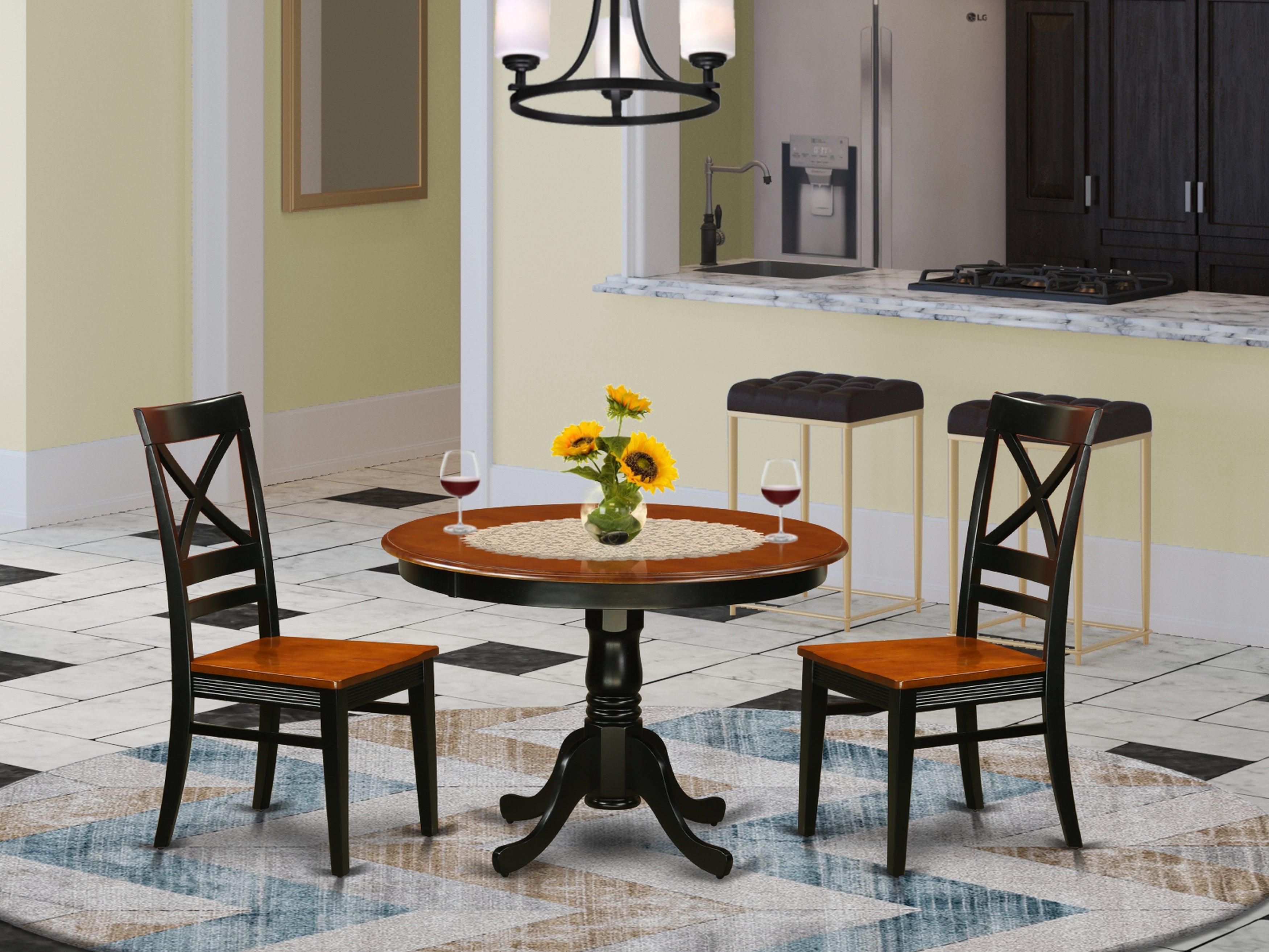 HLQU3-BCH-W 3 Pc set with a Round Dinette Table and 2 Leather Kitchen Chairs in Black and Cherry