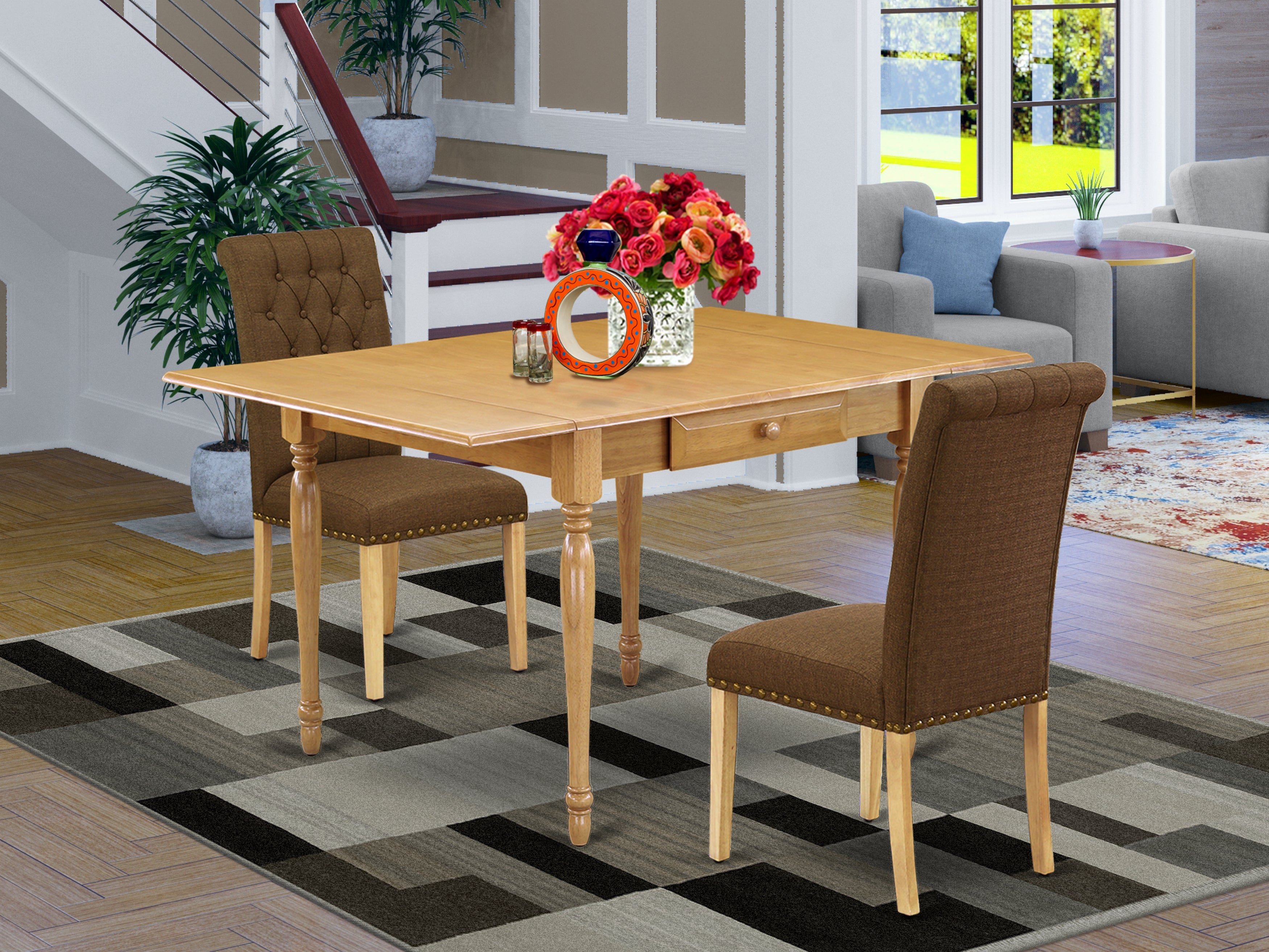 East West Furniture MZBR3-OAK-18 3Pc Dining Table Set for 2 Contains a Rectangle Table and 2 Parson Dining Chairs with Dark Coffee Color Linen Fabric, Drop Leaf Table with Full Back Chairs, Oak Finish