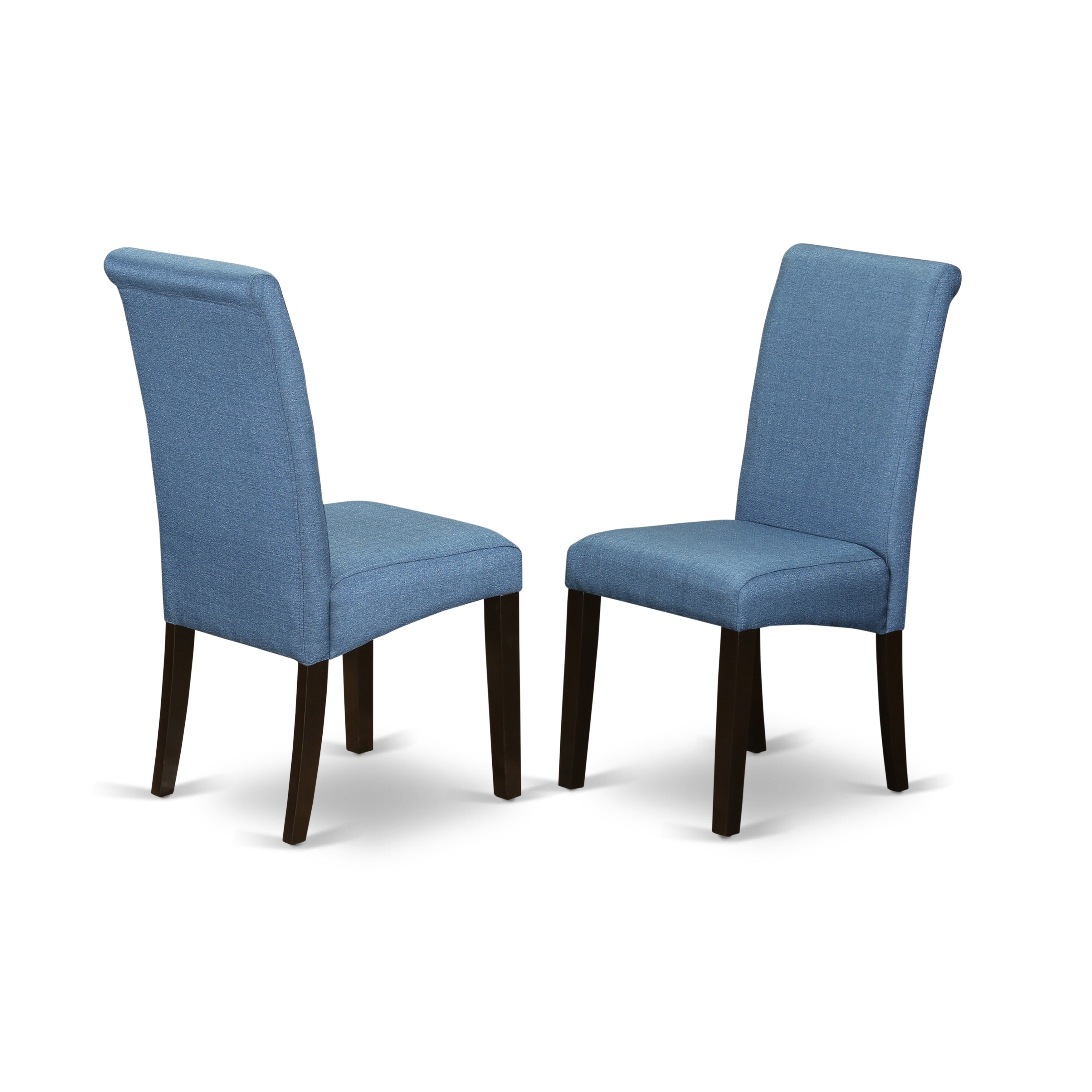 BOBA5-CAP-21 5Pc Small Round Kitchen table with linen Blue fabric Parson chairs with cappuccino chair legs