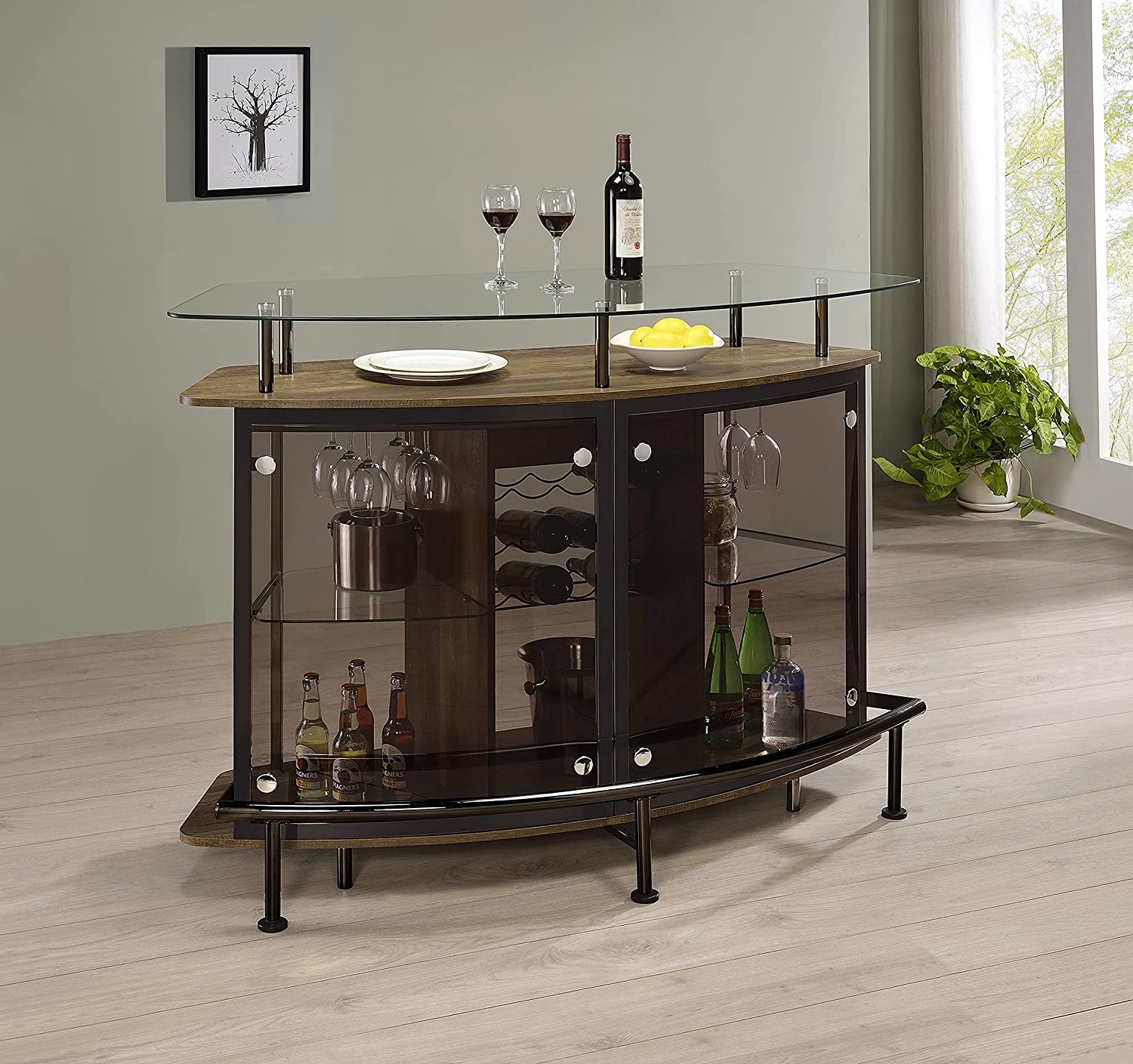 Crescent Shaped Glass Top Bar Unit With Drawer