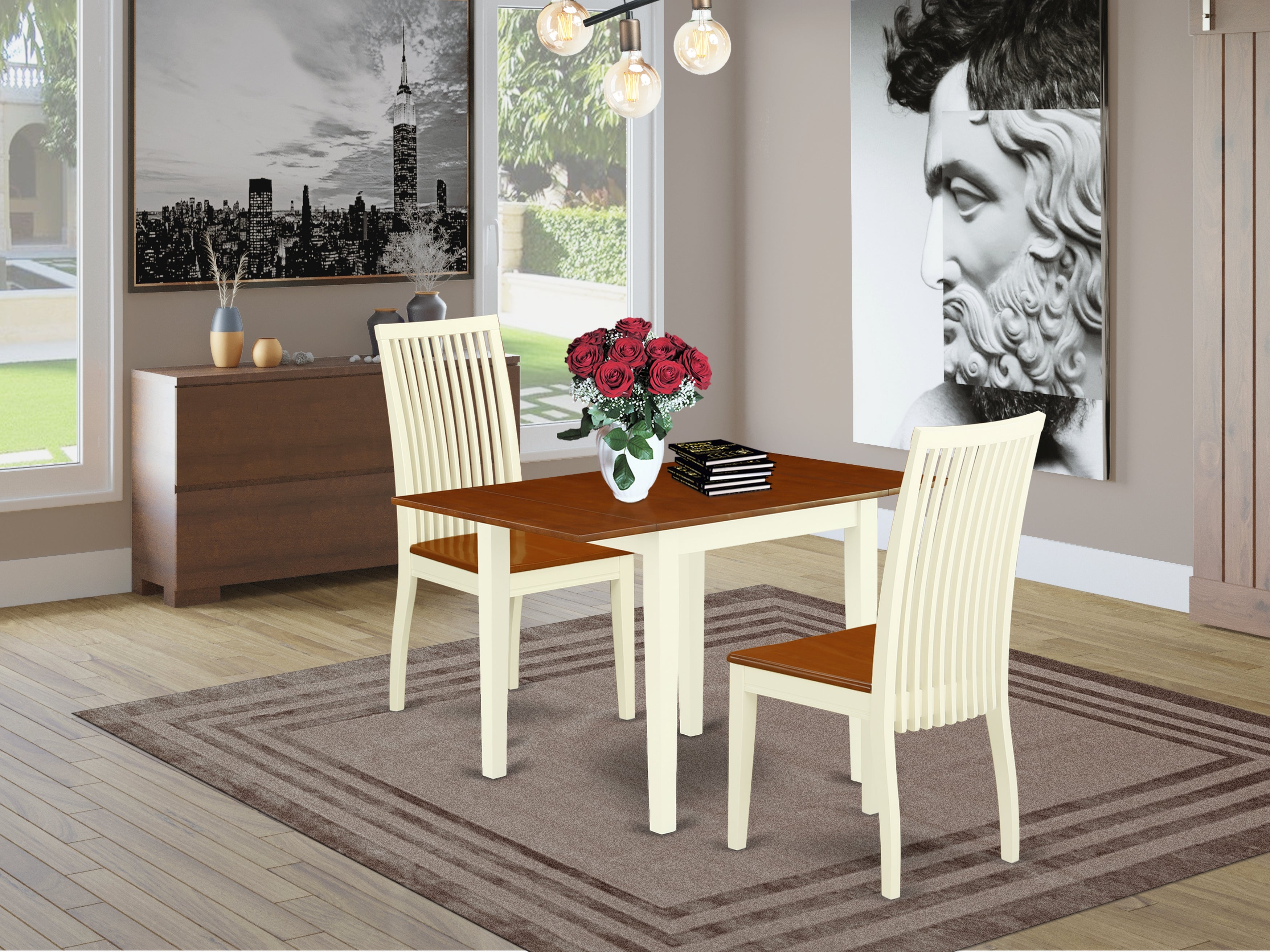 East West Furniture NDIP3-WHI-W 3Pc Dinette Set for Small Spaces Contains a Rectangle Table and 2 Dining Chairs with Rubberwood Seat and Slat Back, Buttermilk and Cherry Finish