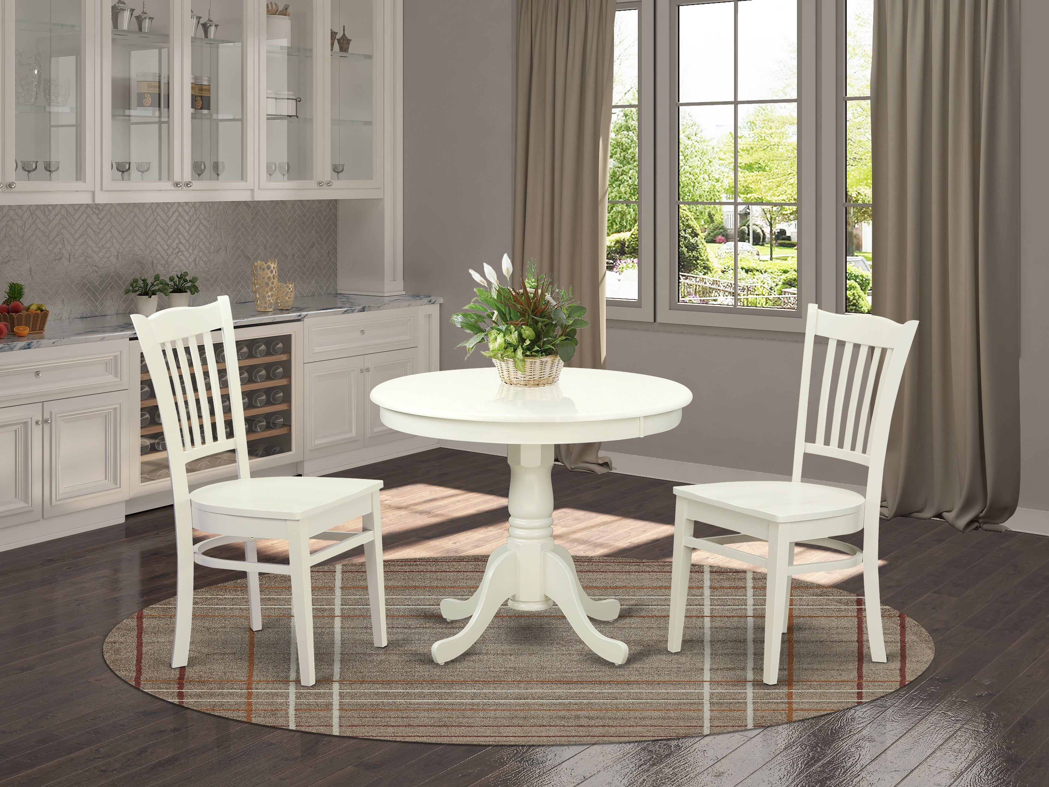 ANGR3-LWH-W 3 Pc set with a Table and 2 Wood Dinette Chairs in Linen White.