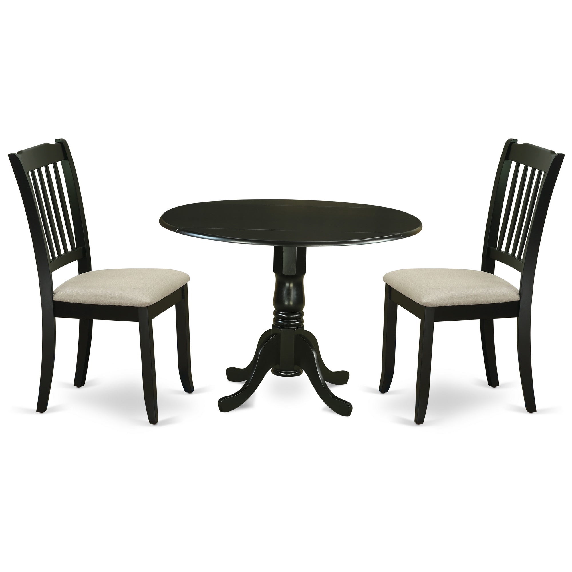 DLDA3-BLK-C 3Pc Dinette Set Includes a Rounded Kitchen Table with Drop Leaves and Two Vertical Slatted Microfiber Seat Dining Chairs, Black Finish