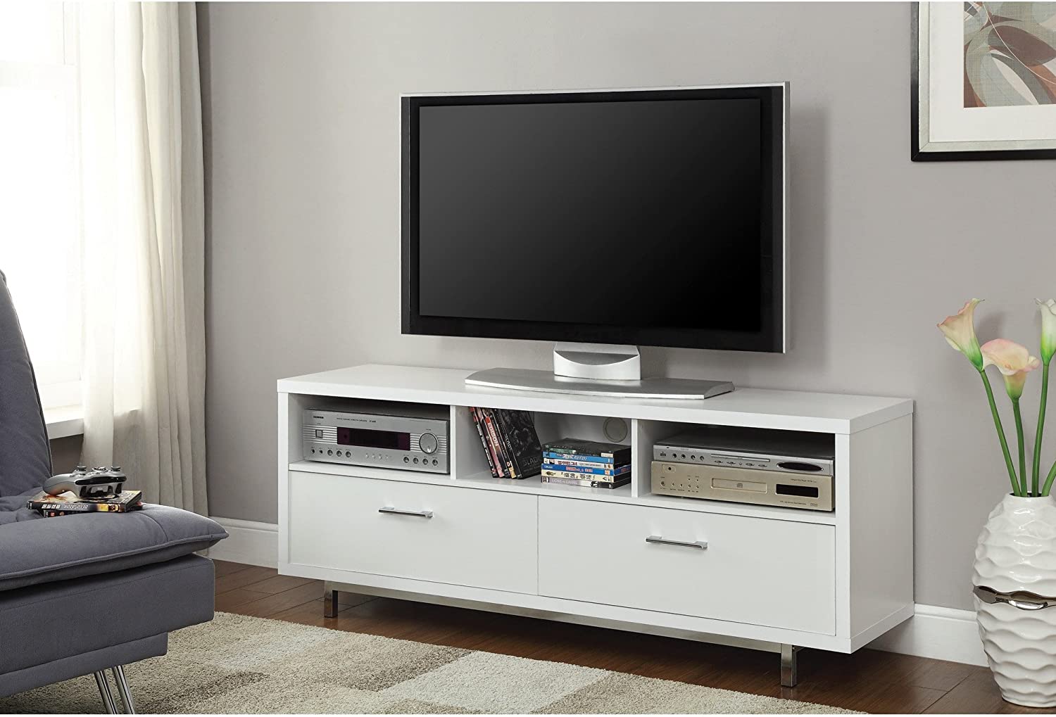 Contemporary 2-Drawer Rectangular TV Console in White