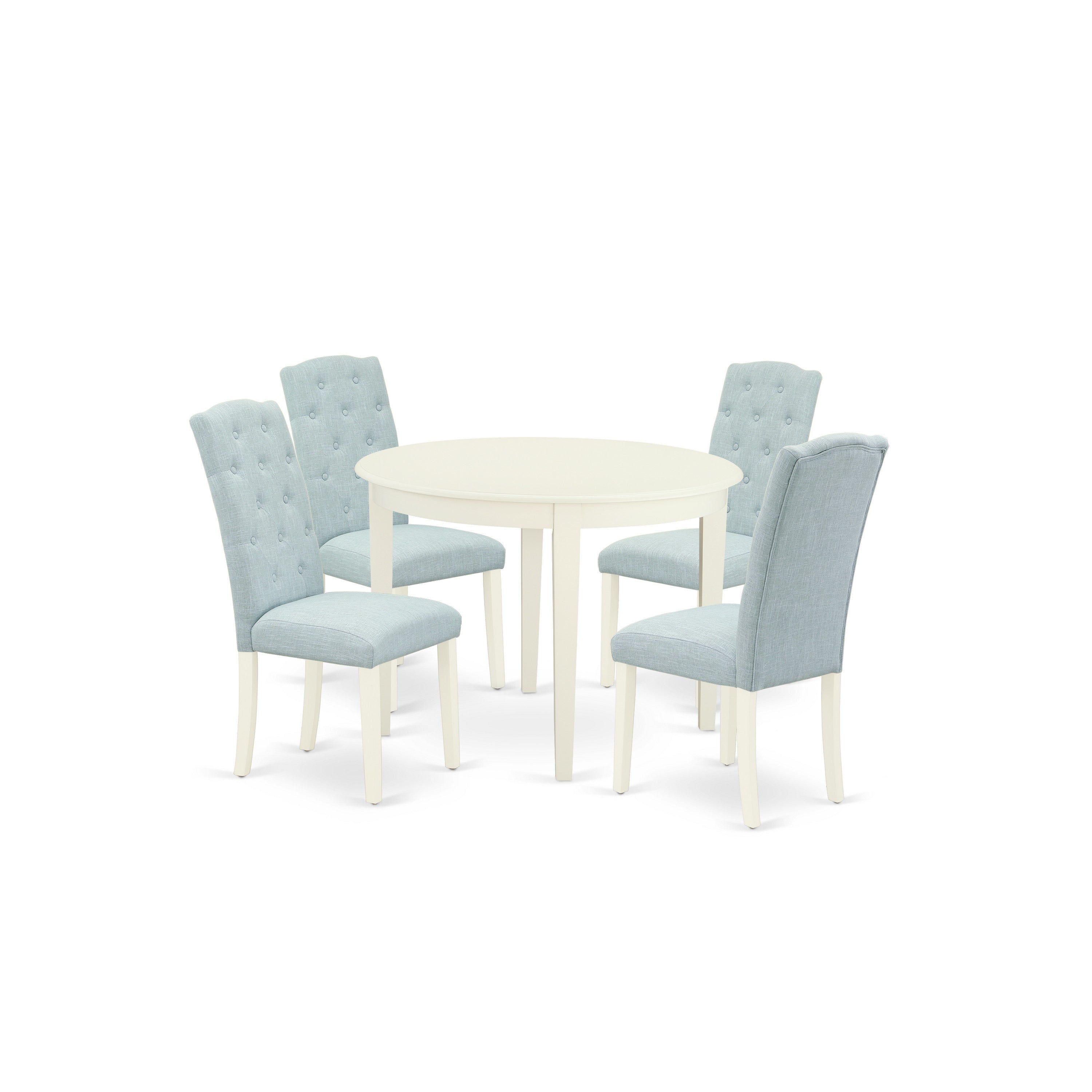 BOCE5-WHI-15 5Pc Dining Set Includes a Small Round Dinette Table and Four Parson Chairs with Baby Blue Fabric, White Finish