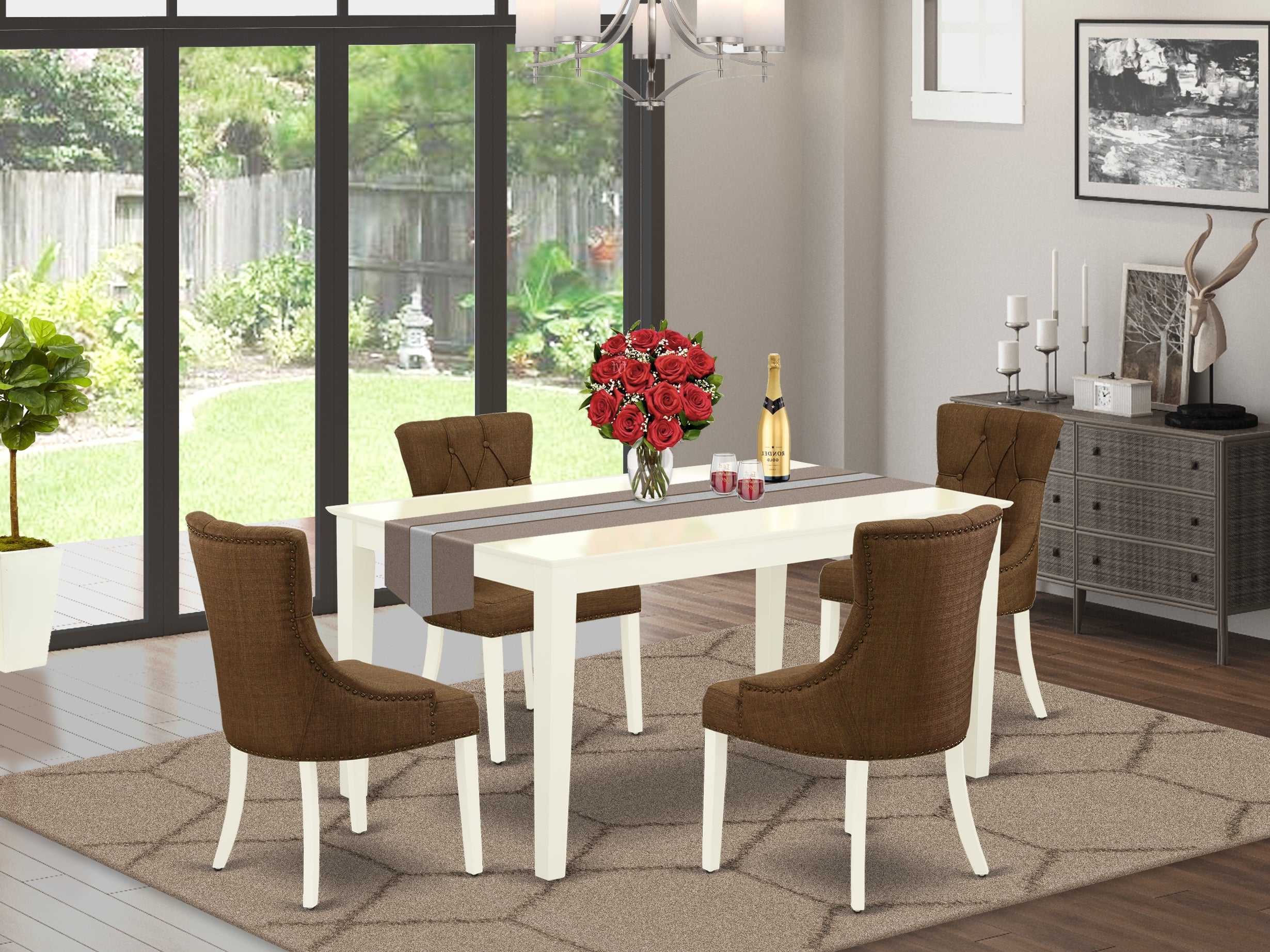 CAFR5-LWH-18 5Pc Dining Set Includes a Rectangle Dinette Table and Four Parson Chairs with Dark Coffee Fabric, Linen White Finish