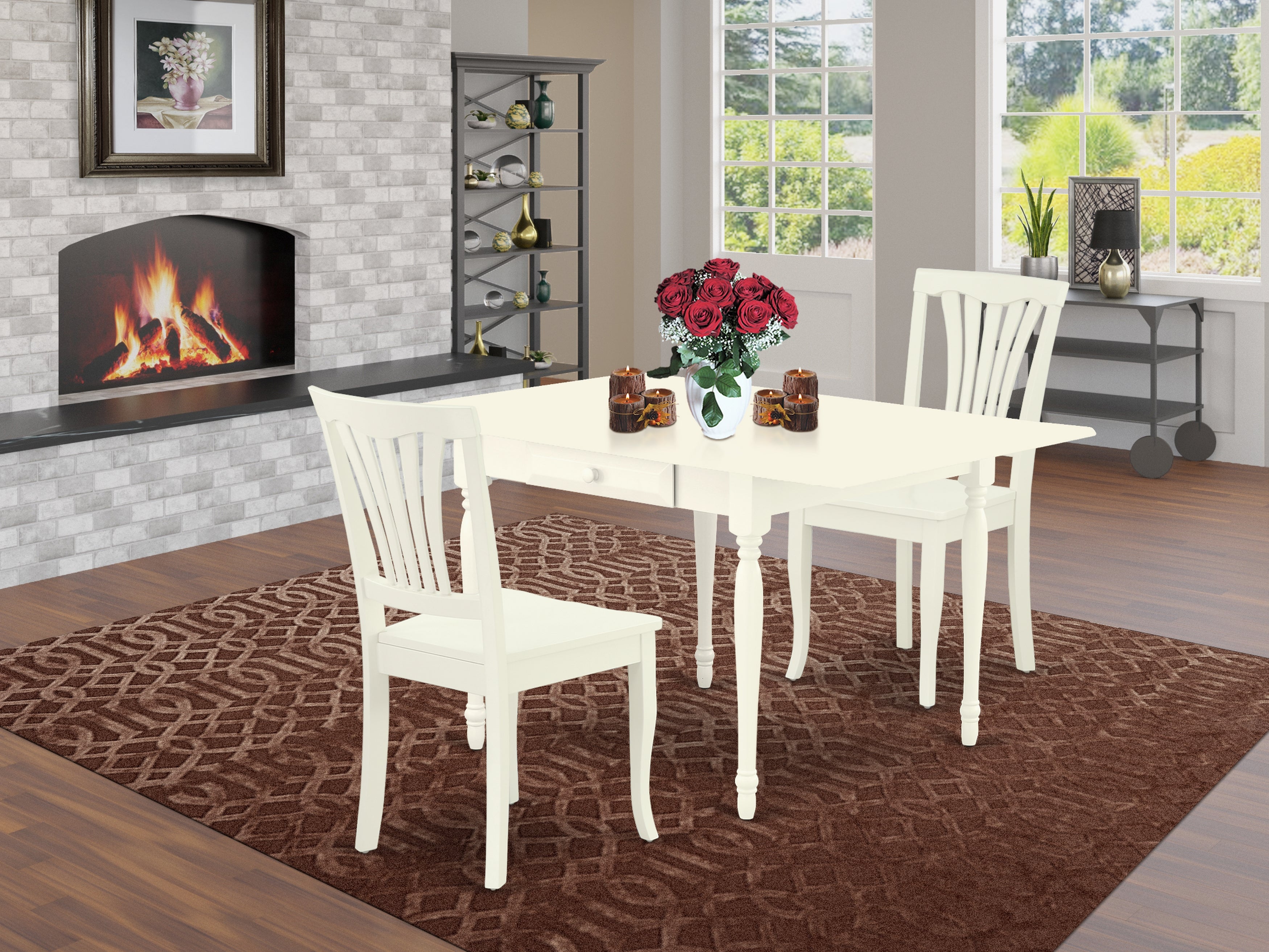 East West Furniture MZAV3-LWH-W 3Pc Dining Room Table Set Contains a Dining Room Table and 2 Wooden Dining Chairs with Wooden Seat, Drop Leaf Table with Slat Back Chairs, Linen White Finish