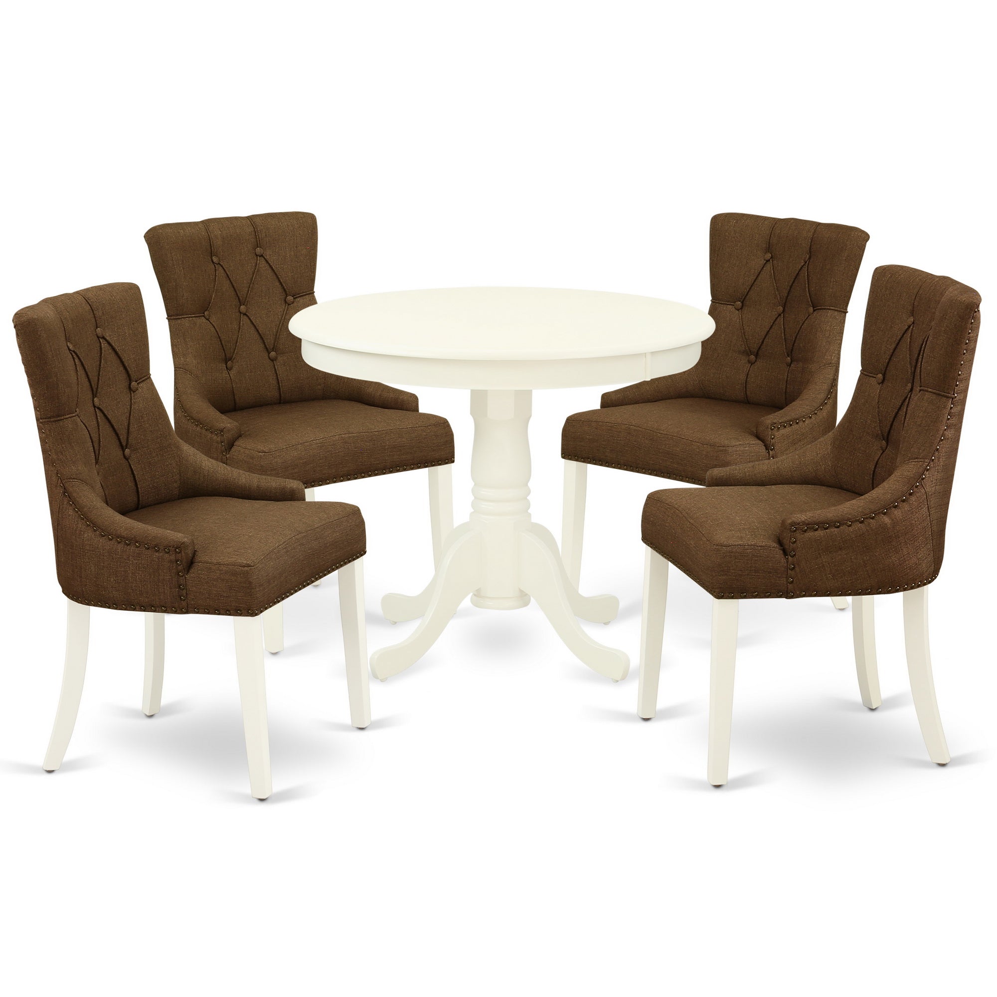 ANFR5-LWH-18 5Pc Dining Set Includes a Small Round Dinette Table and Four Parson Chairs with Dark Coffee Fabric, Linen White Finish