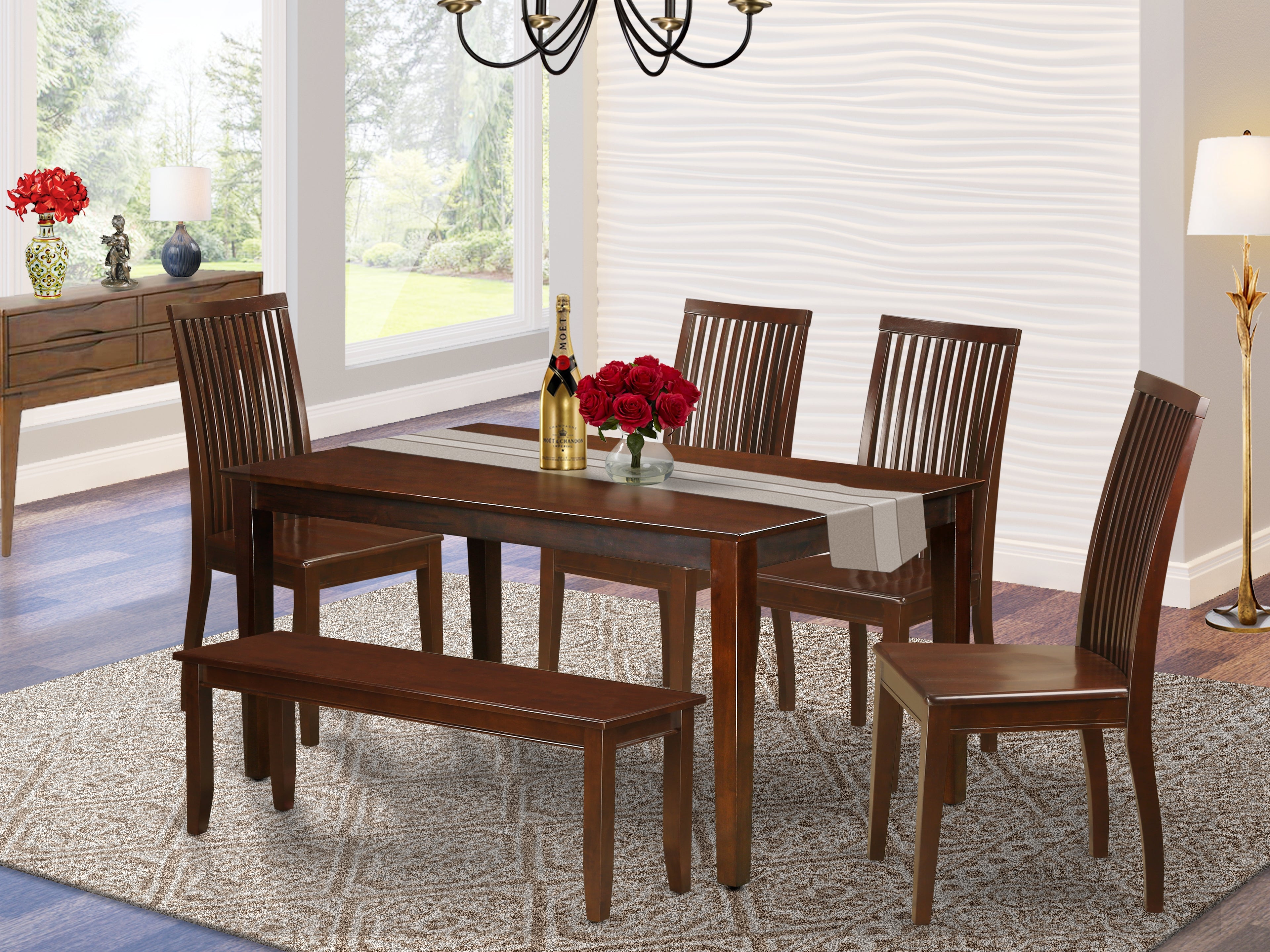 CAIP6-MAH-W 6 PC dining table set-Solid Top Kitchen table and 4 Wood Seat Kitchen Chairs plus one bench