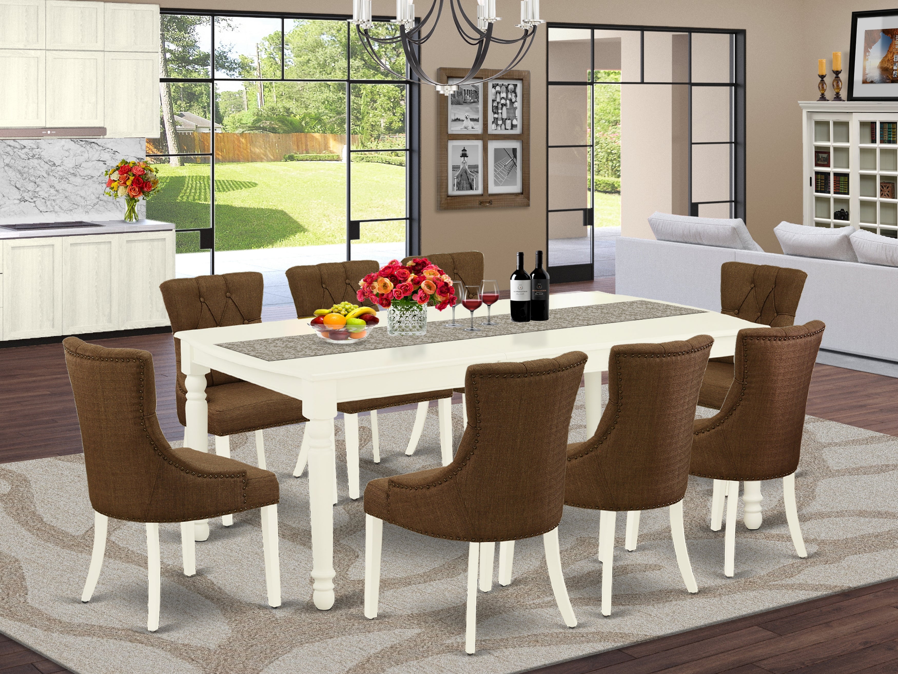 DOFR9-LWH-18 9Pc Dining Set Includes a Rectangle Dinette Table with Butterfly Leaf and Eight Parson Chairs with Dark Coffee Fabric, Linen White Finish