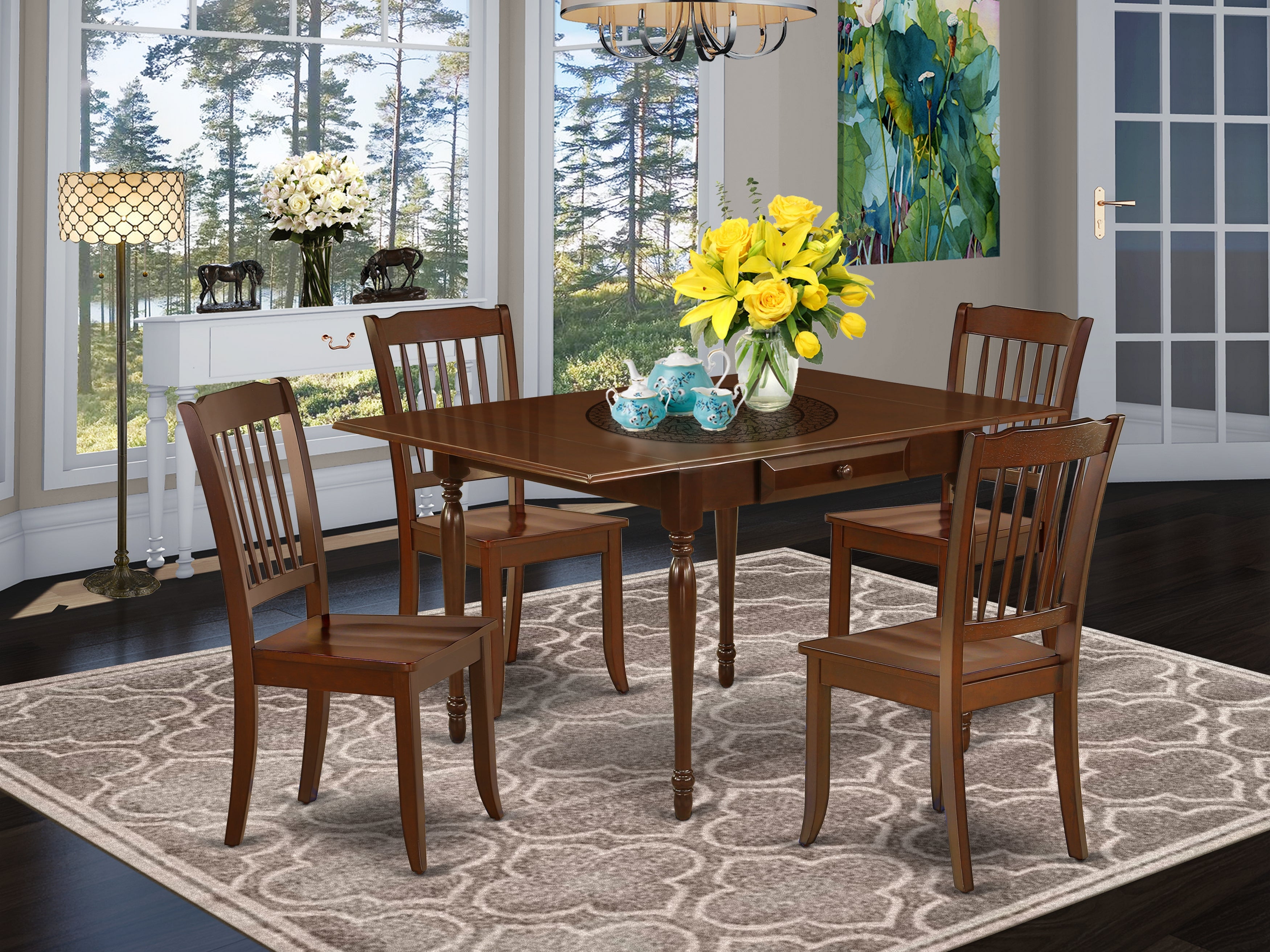East West Furniture MZDA5-MAH-W 5Pc Kitchen Table Sets Consists of a Kitchen Table and 4 Wooden Dining Chairs with Wooden Seat, Drop Leaf Table with Slat Back Chairs, Mahogany Finish